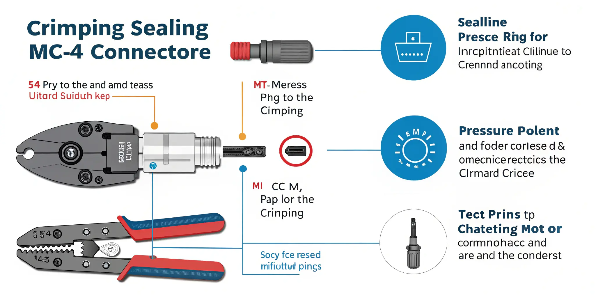 Infographic of MC4 connector crimping and sealing with marine-grade tools, color-coded parts, sealing rings, pressure points, and test steps on a white background