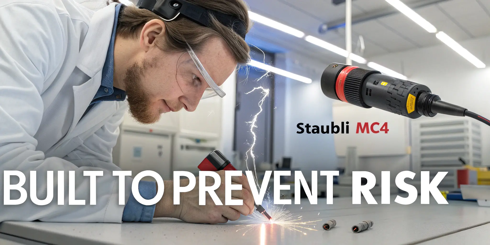 Engineer testing generic connector sparking vs Staubli MC4 performing safely, protective goggles, lab instruments, caption: “Built to Prevent Risk”
