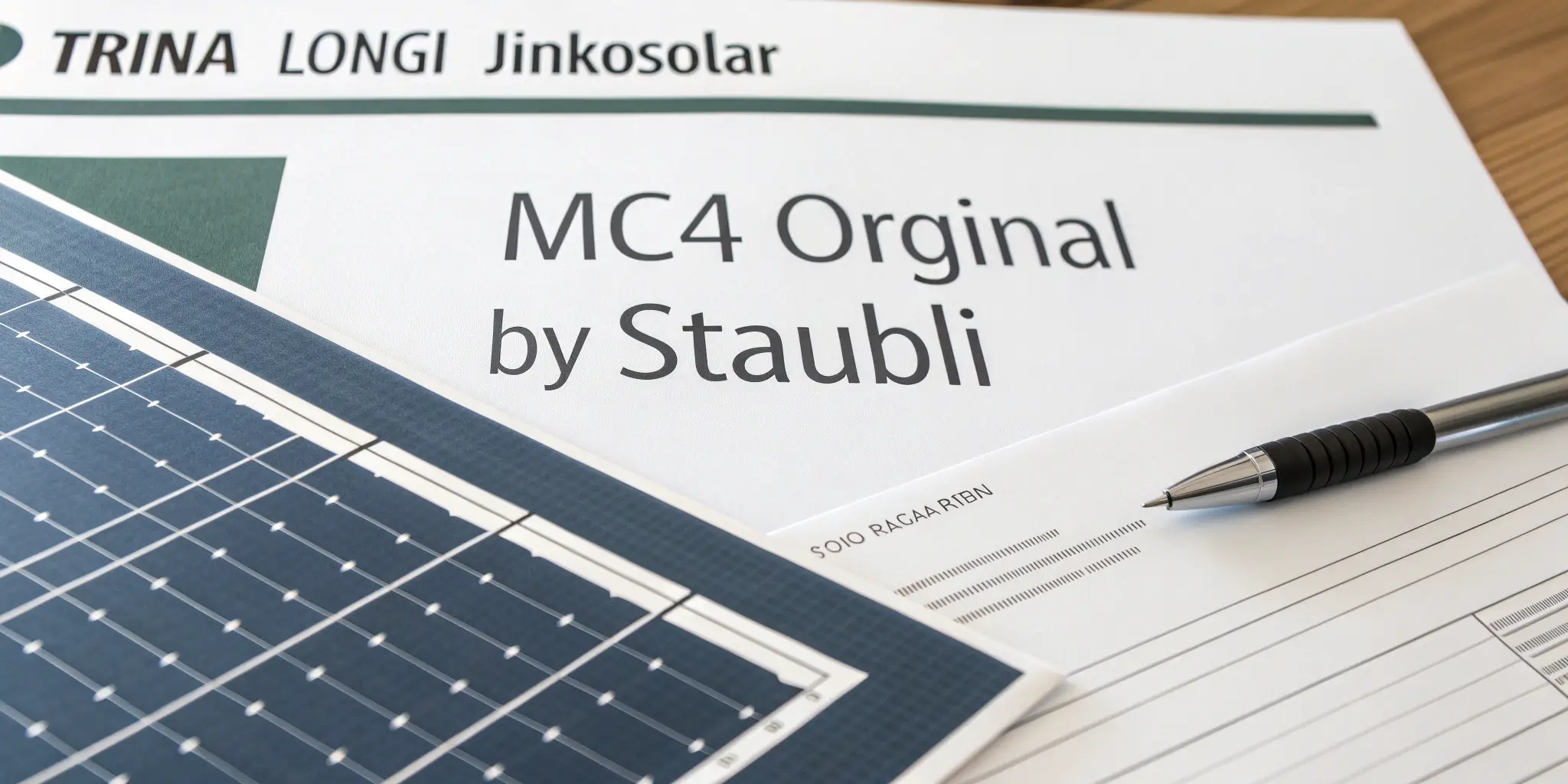 Close-up of solar panel product datasheet from Trina, LONGi, or JinkoSolar, underlined text: “MC4 original by Stäubli”, document highlighted on a desk