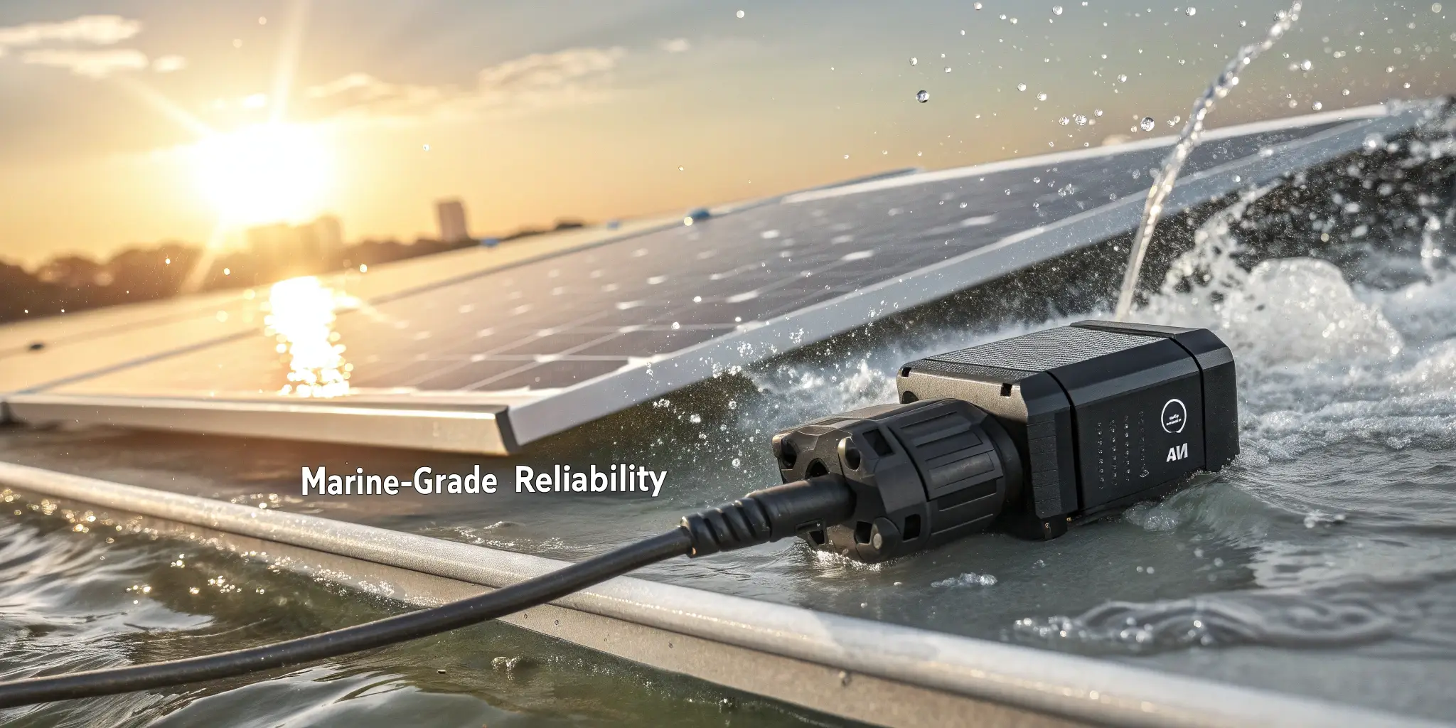MC4 connector operating on floating solar panel under harsh conditions: saltwater splash, UV sunlight, and humid air, labeled: “Marine-Grade Reliability”