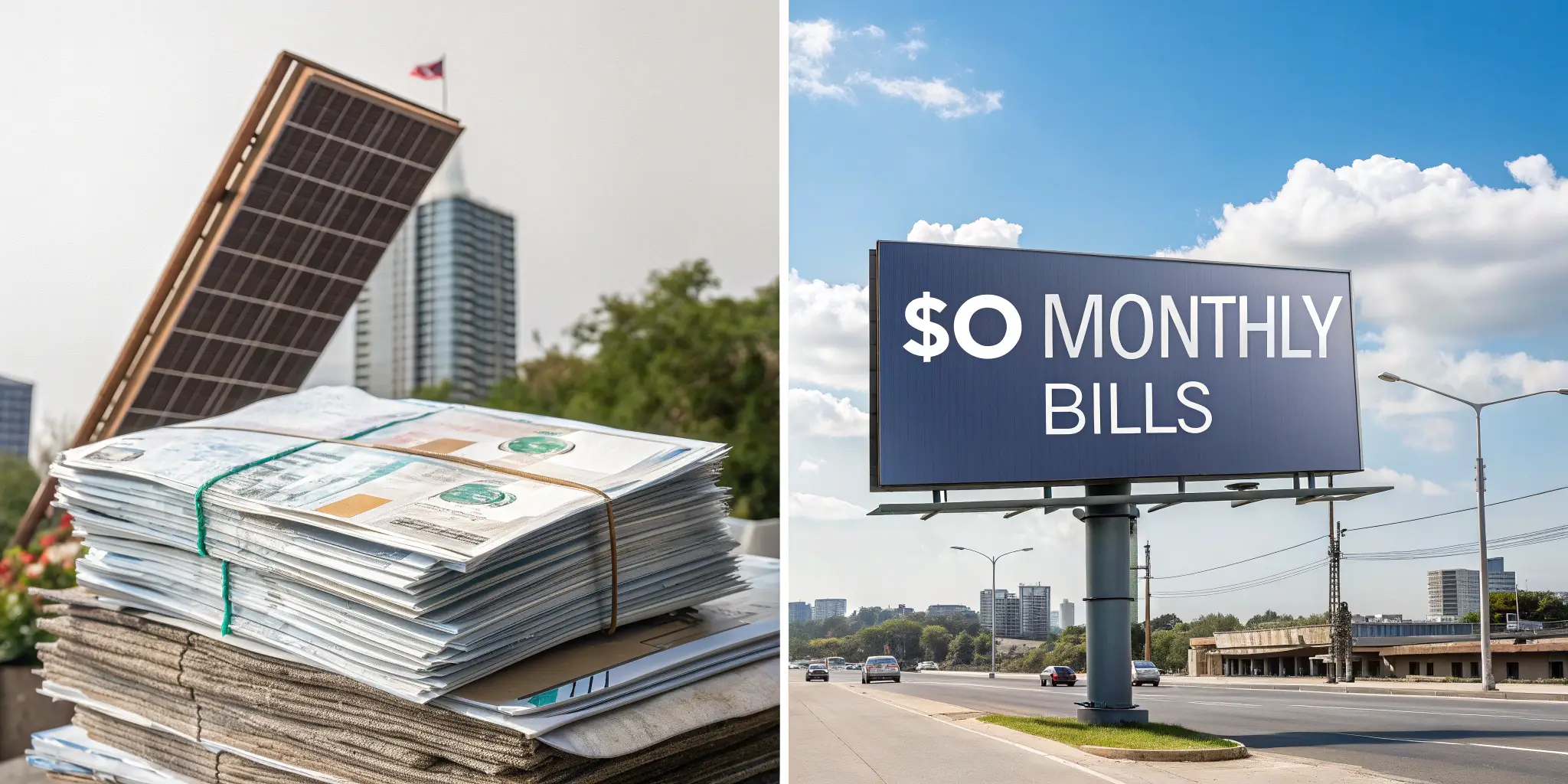 Solar panel next to a large stack of bills and a billboard showing