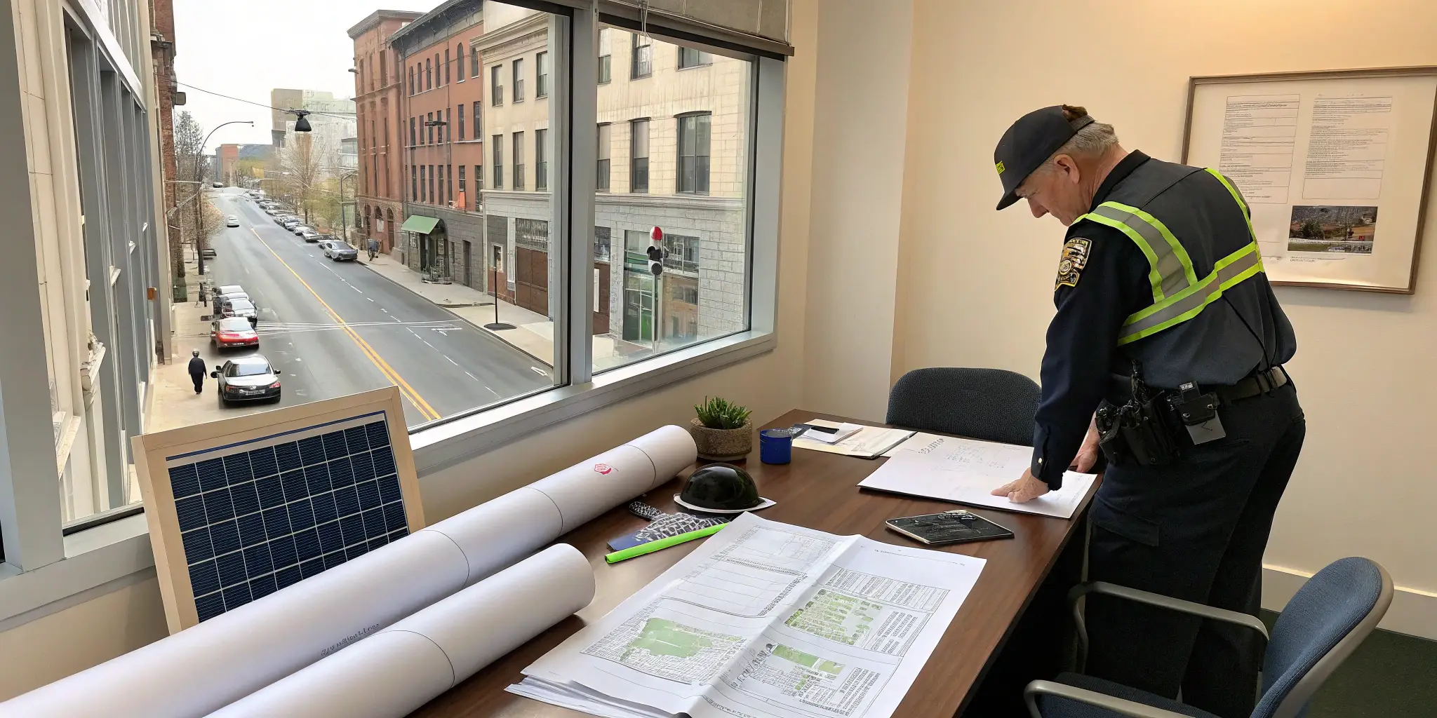 City official and billboard planner examining a denied permit notice with rolled blueprints and a solar panel model, realistic business setting