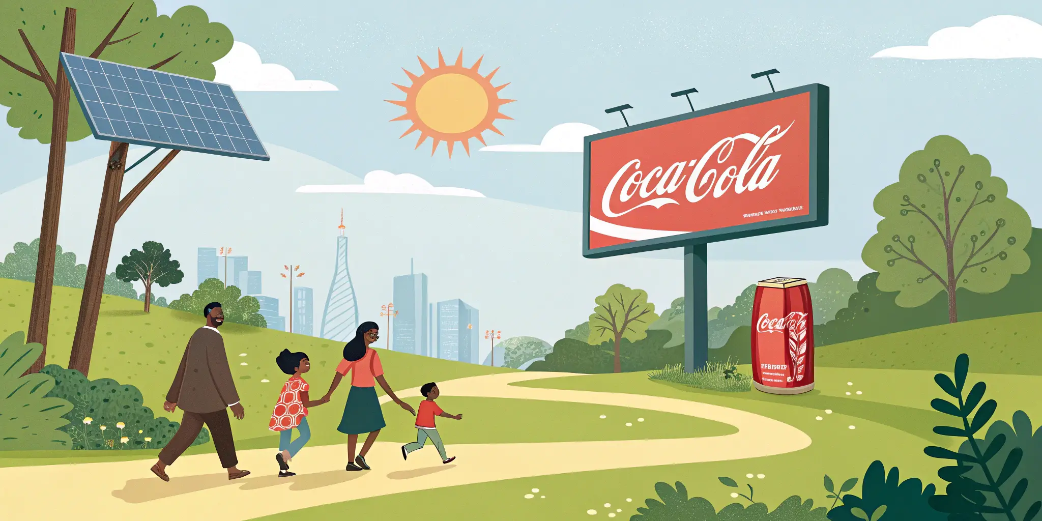 Coca-Cola solar billboard and eco-awareness sign glowing in park, families nearby