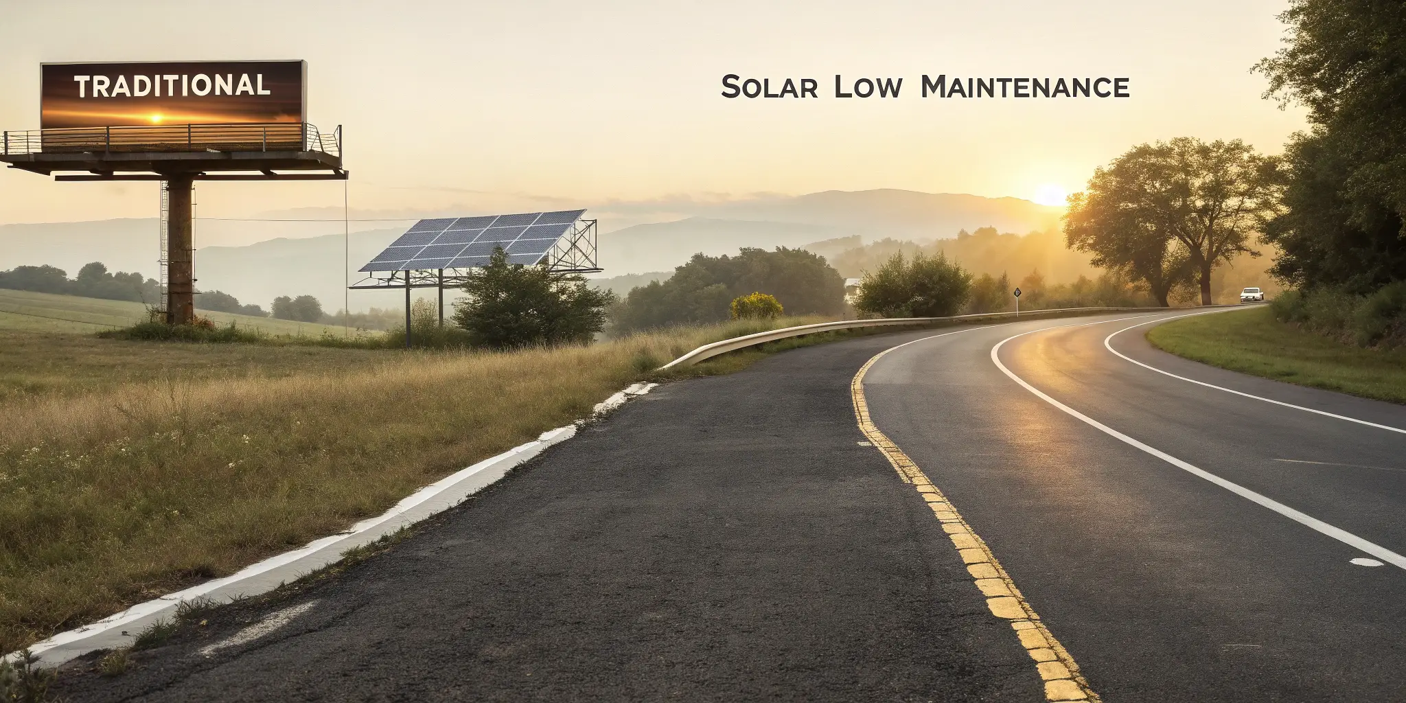Side-by-side billboard comparison showing traditional vs solar low maintenance options