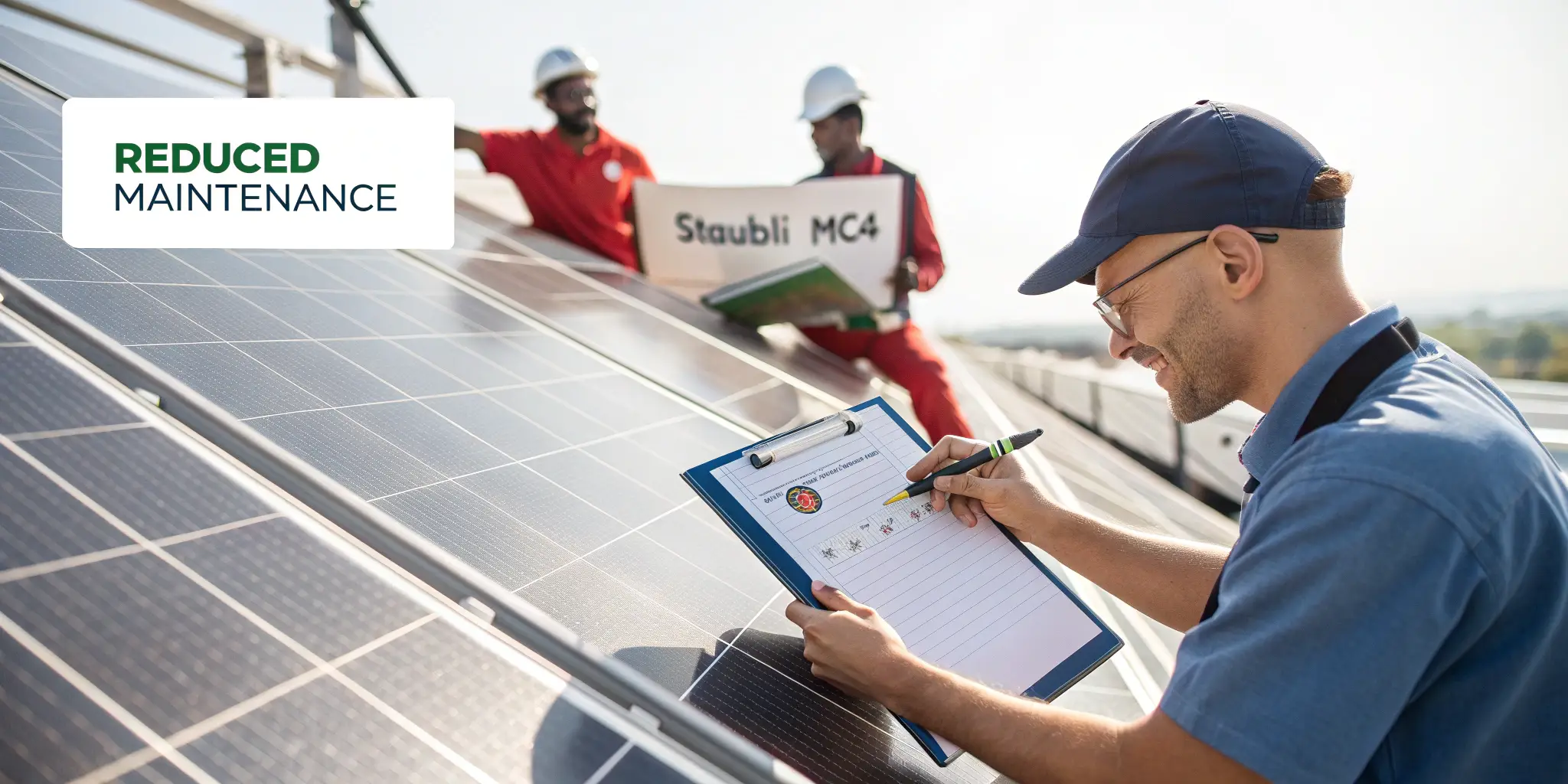 Technician inspecting solar panels with Staubli MC4 connectors, clipboard reads “Reduced Maintenance”, positive team atmosphere