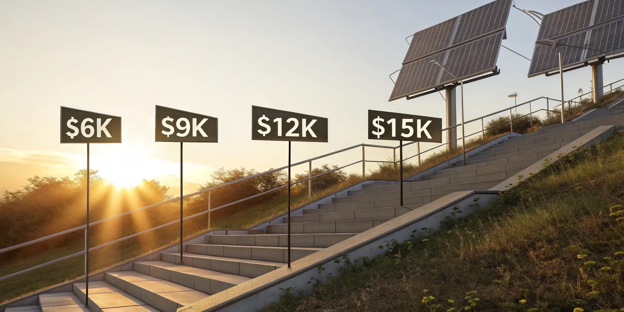 Stair-step cost chart showing solar billboard pricing from $6K to $15K