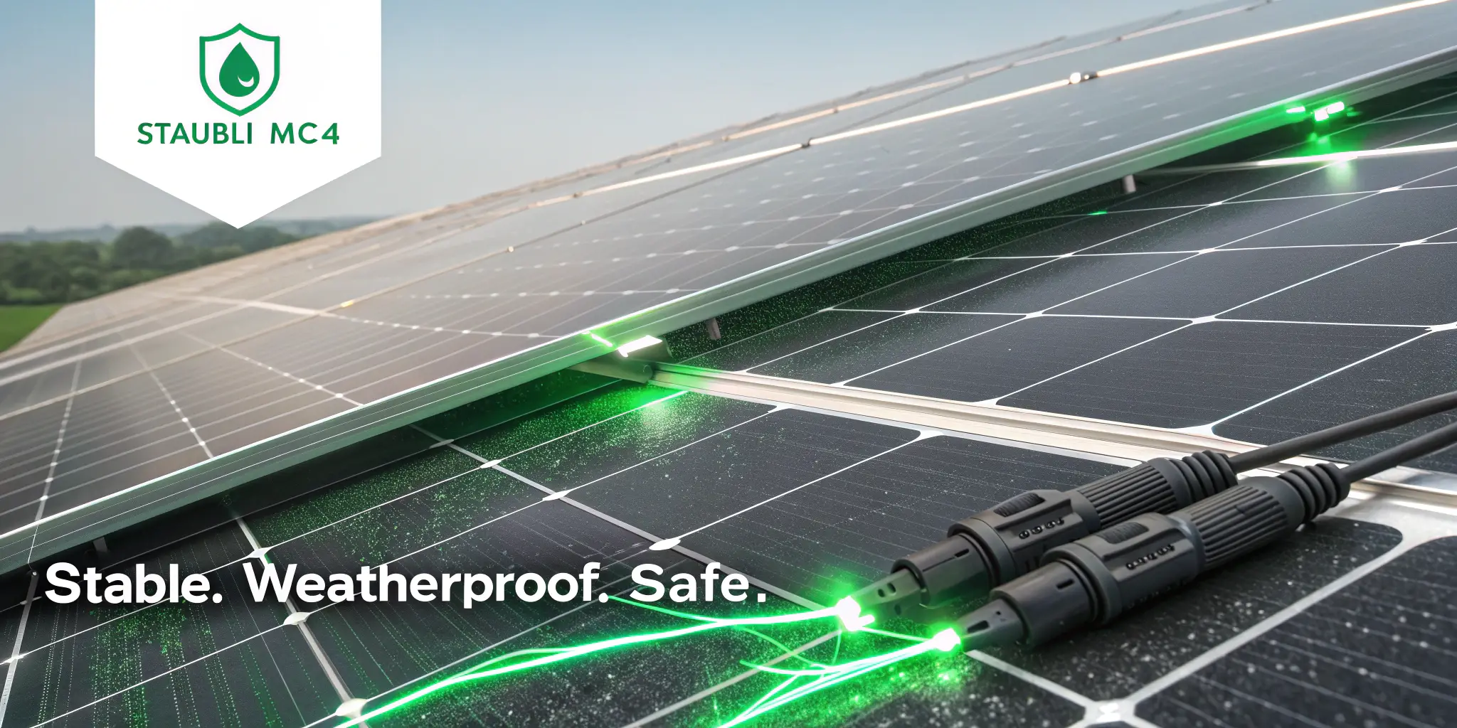Staubli MC4 connectors on solar panels glowing with green energy sparks