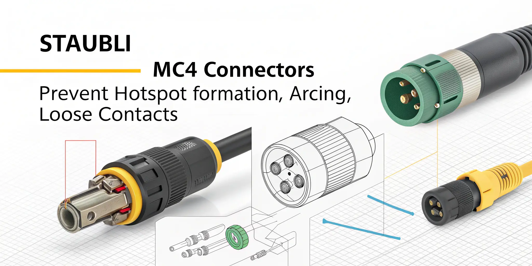 Technical illustration of Staubli MC4 connectors preventing hotspot formation and arcing, clean engineering chart