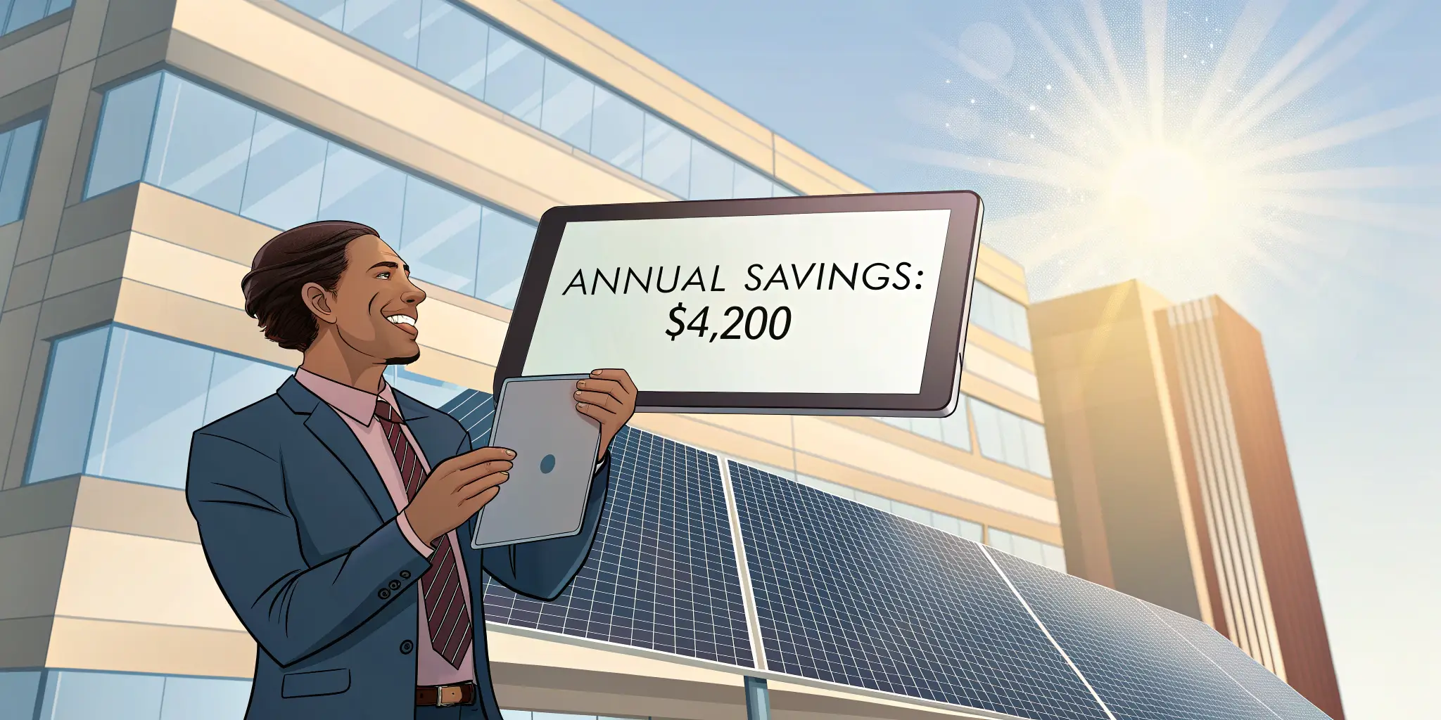 Smiling businessman holding a tablet showing annual solar savings of $4,200