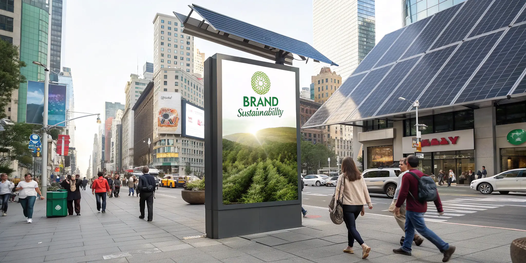 Eco-friendly digital billboard with solar panel in city promoting sustainability