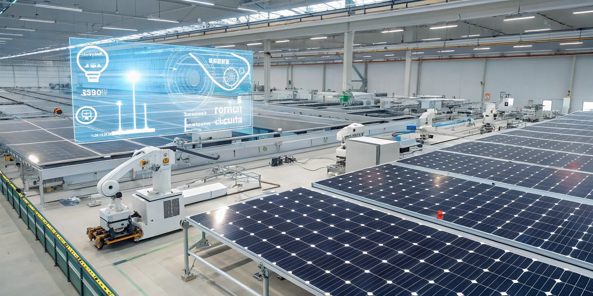 Large solar panel factory in 2025, AI-driven robots performing MC4 connector quality control, predictive maintenance alerts on displays