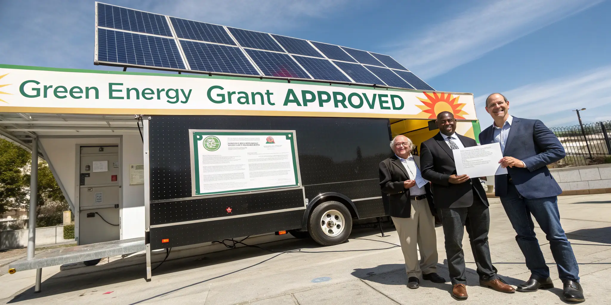 City officials standing beside a solar-powered mobile billboard with “[Green Energy Grant](http://www.maine.gov/energy/initiatives/infrastructure/solar-for-all)[^9] Approved” banners, business owner smiling, rebate papers in hand, set against a clear sky