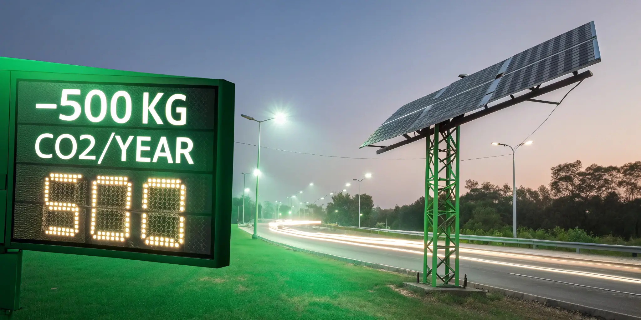 Digital carbon offset meter displaying “-500kg CO₂/year” alongside a glowing solar-powered billboard, with a faded traditional billboard in the background, in a modern infographic design