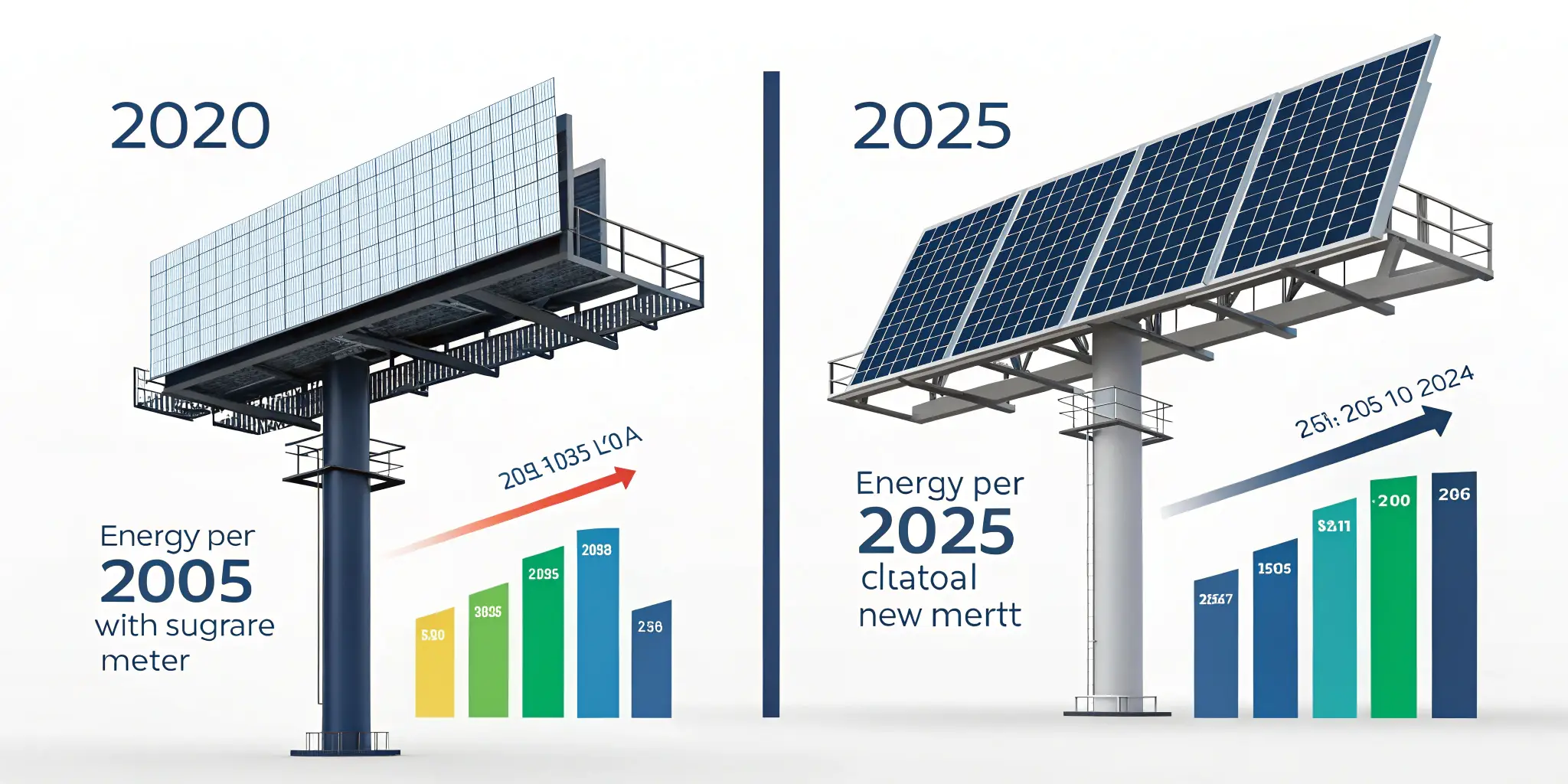 Comparison between 2020 and 2025 billboard solar panels and energy output trends