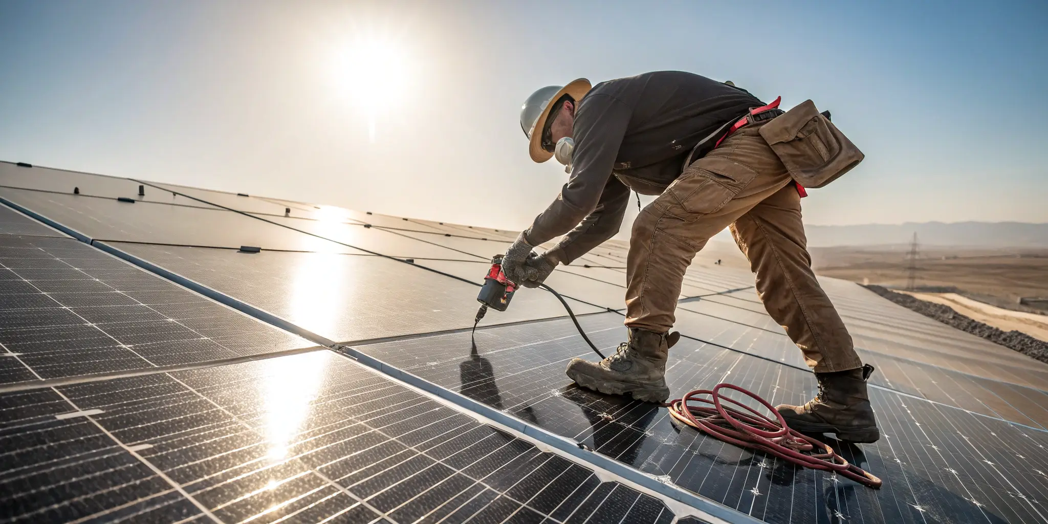 Technician installing solar panels under bright sunlight on a rooftop