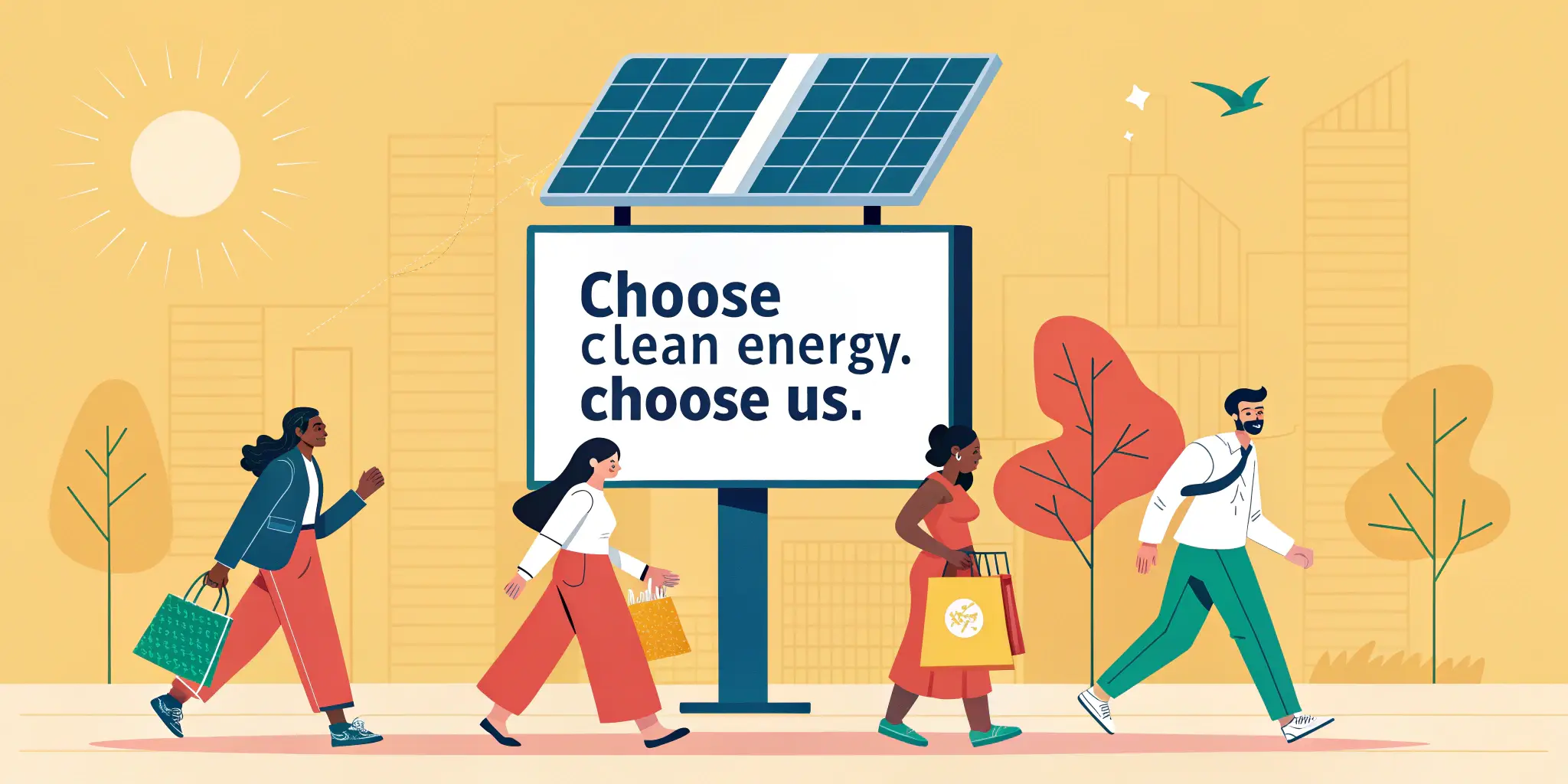 Bold illustrated poster of a solar-powered billboard with the text