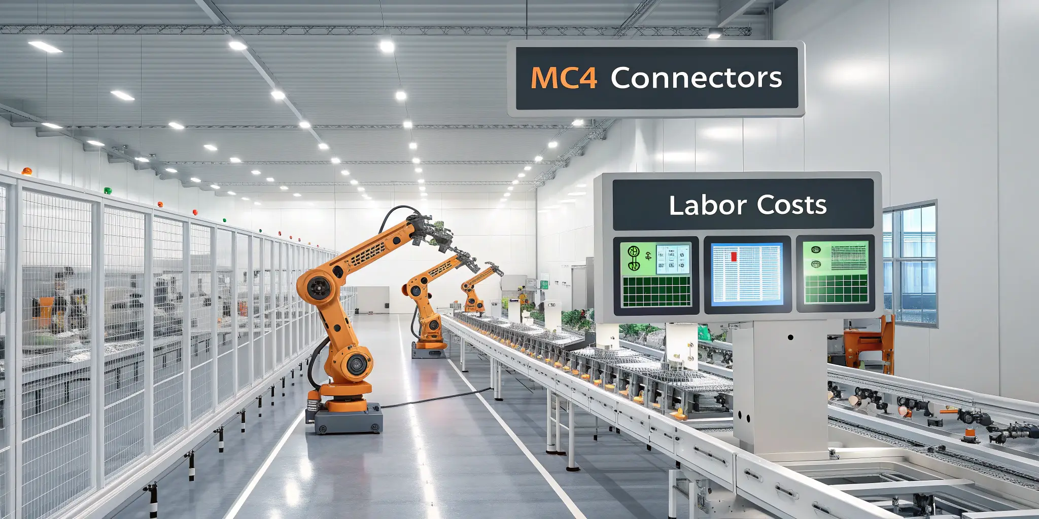 Robotic arms assembling MC4 connectors in automated production line, labor cost dashboard