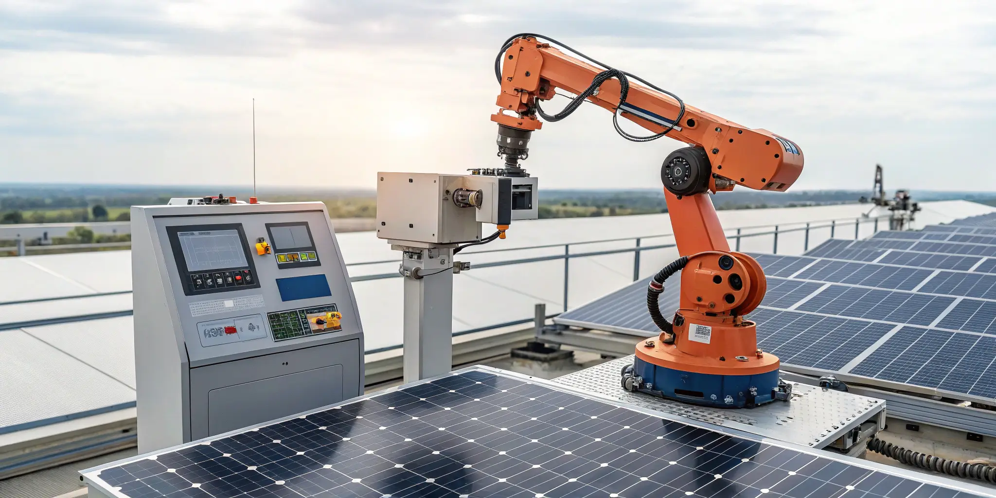 Industrial robot installing MC4 connectors in clean solar plant, minimized human error, quality assurance screens in background
