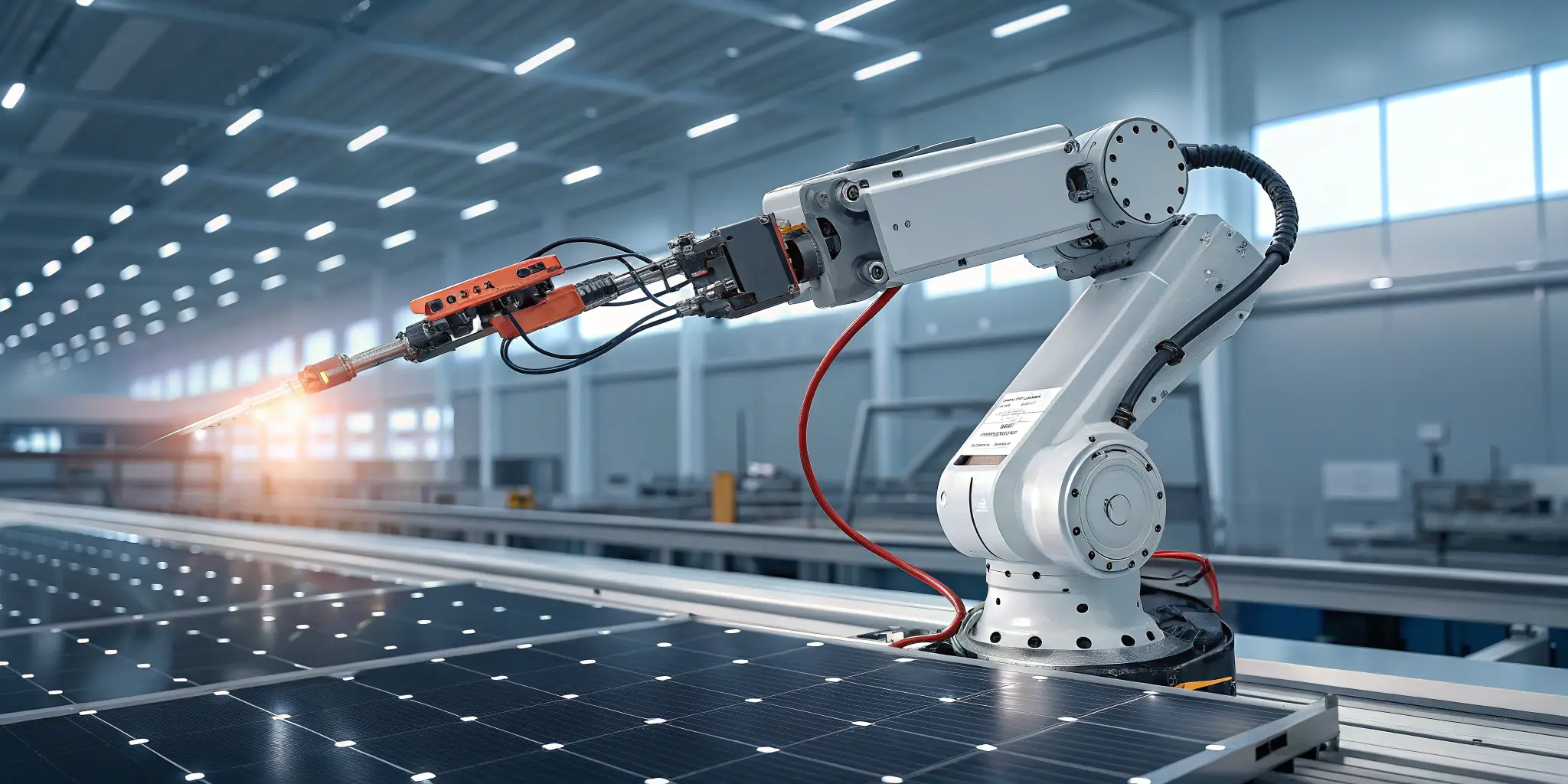 Automated robotic arm assembling solar panels in high-tech factory setting