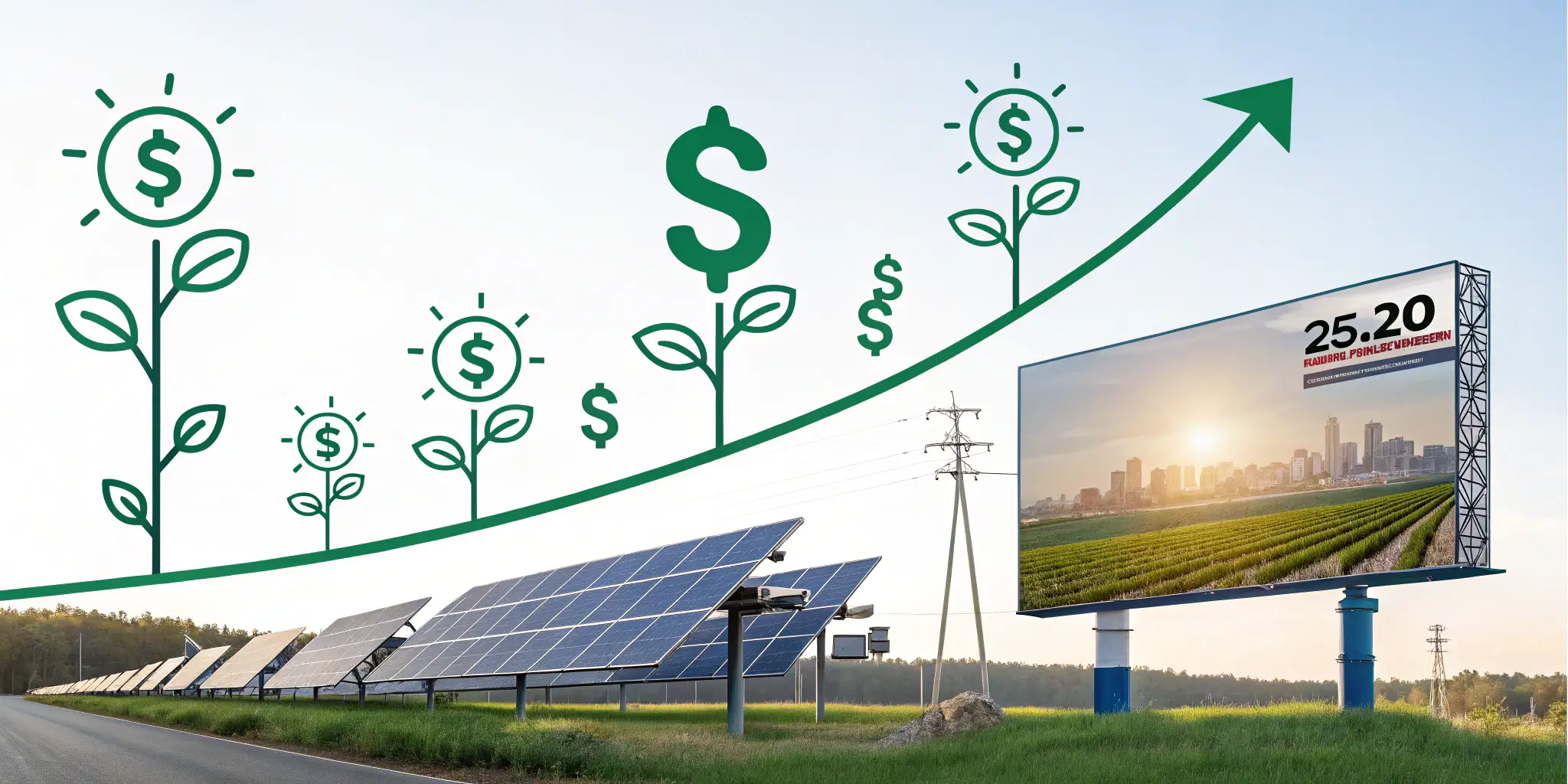 Conceptual timeline illustrating increasing savings from solar-powered billboards with growing money symbols and fading diesel-powered billboards