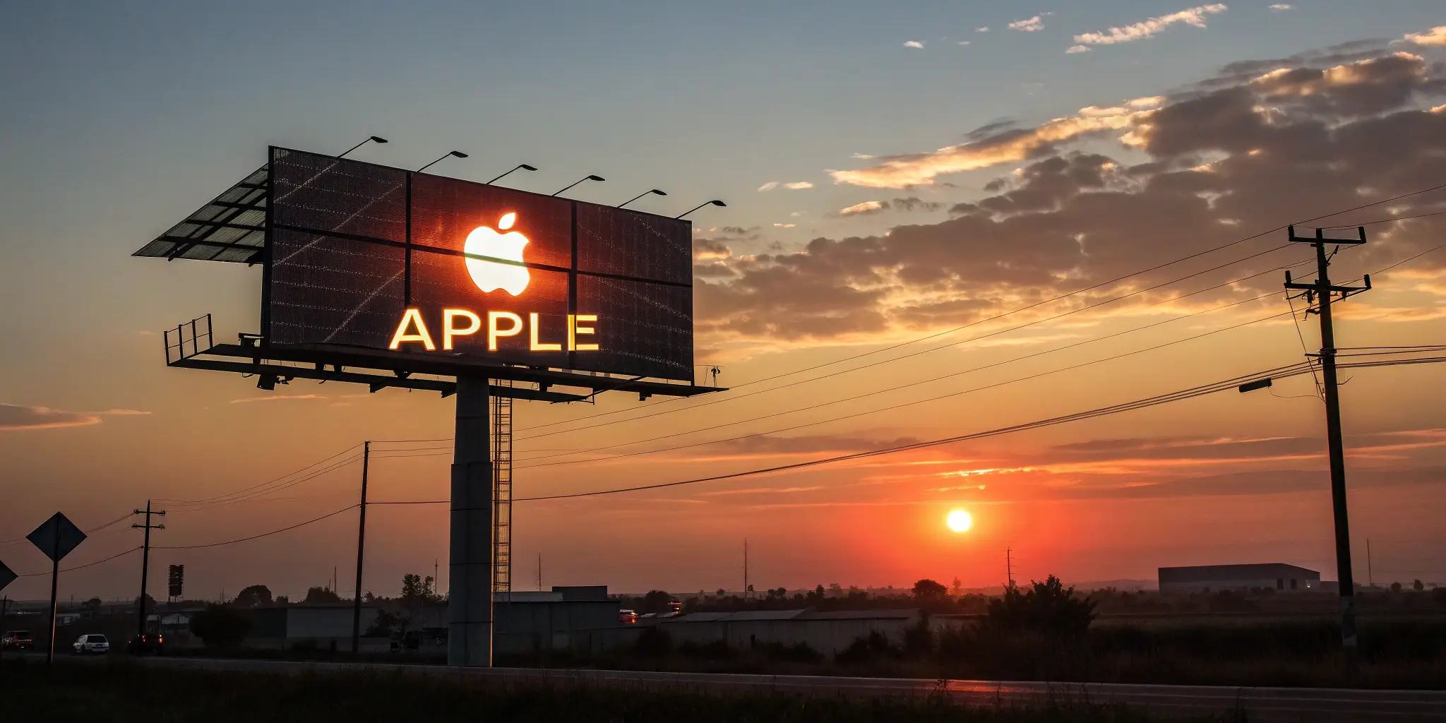 Large solar-powered billboard with illuminated logo at sunset