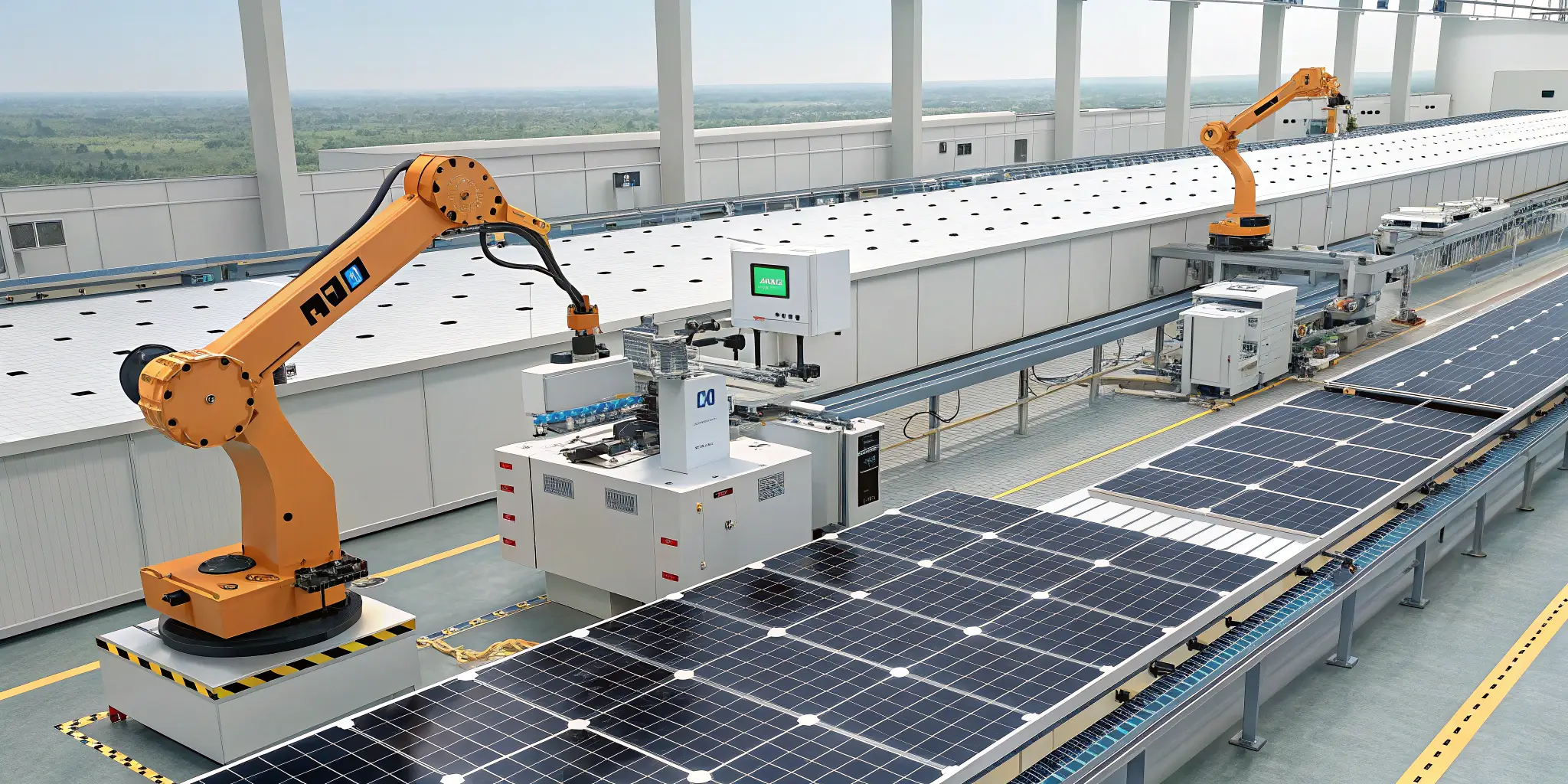 Automated robotic arms assembling large solar panels in a high-tech production line