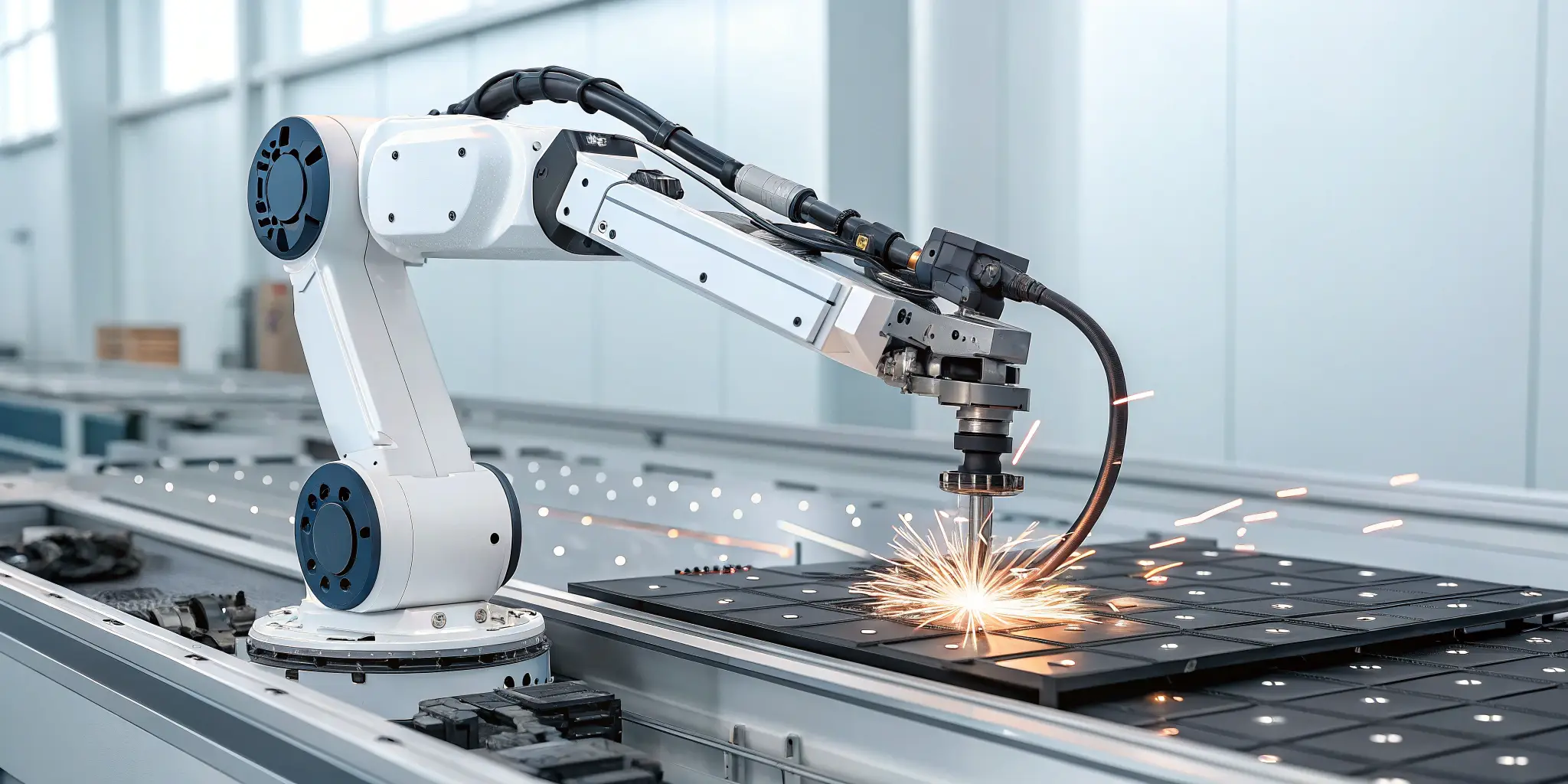 Robotic arm automating solar panel manufacturing with sparks during assembly