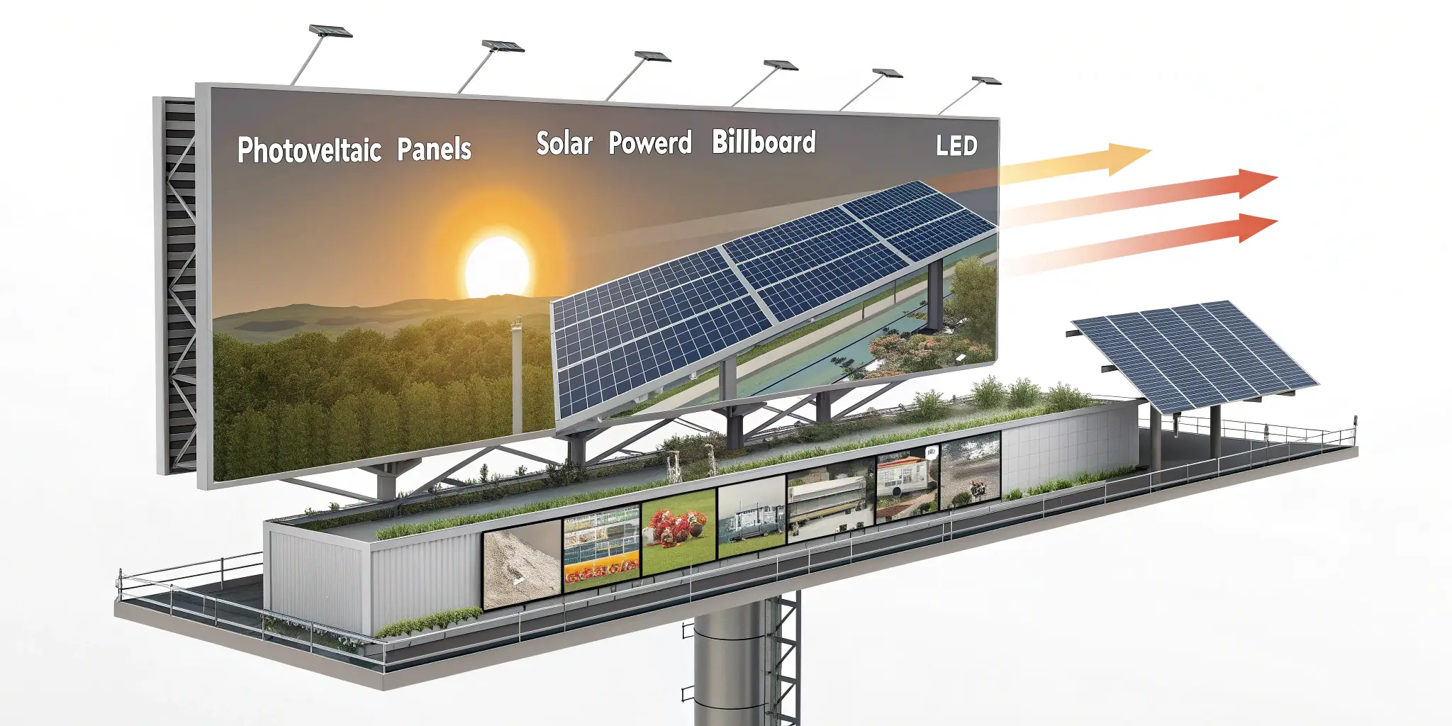 Diagram of solar panels powering LED billboard with sunlight arrows