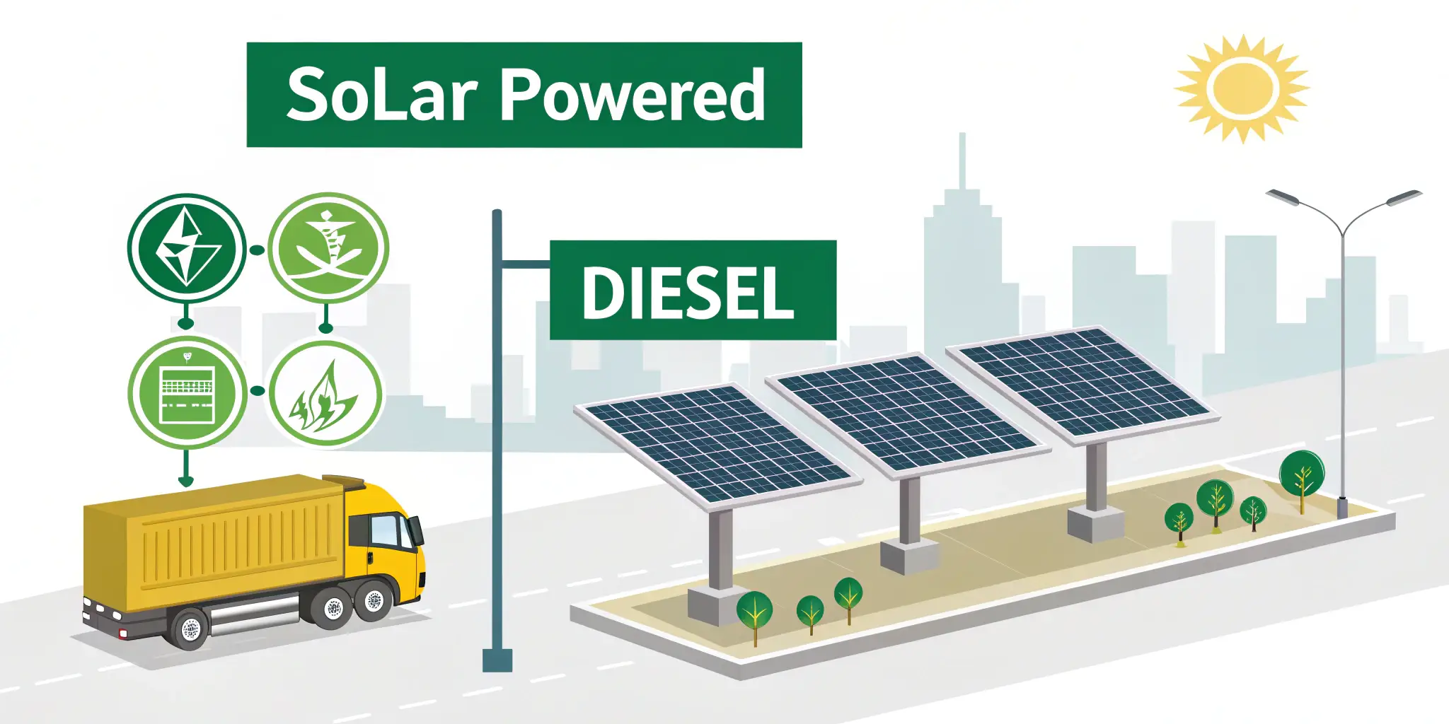 Solar energy vs diesel for billboard powering, illustrated with panels and city road