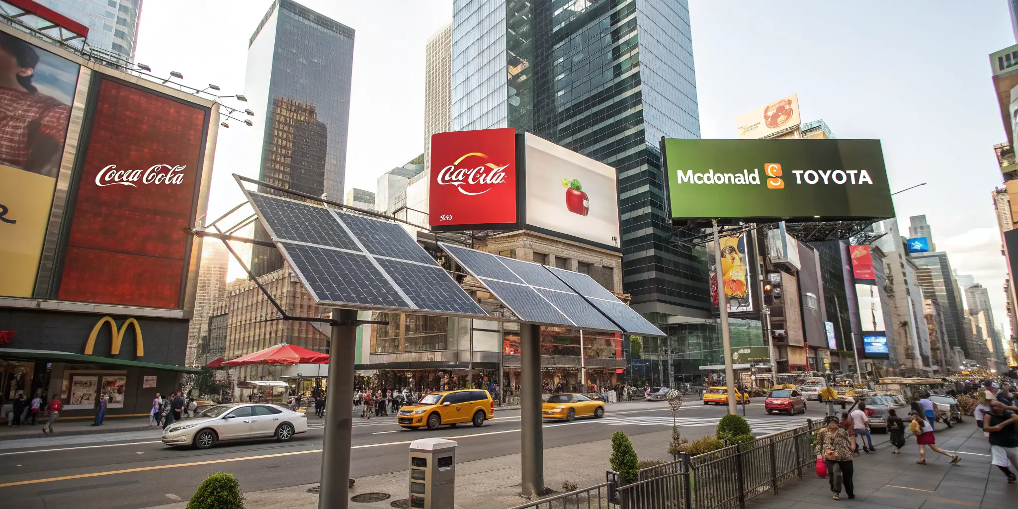 Solar-powered billboards in a busy urban area featuring Coca-Cola, Apple, McDonald’s, and Toyota ads, with sunlight on solar panels and eco-friendly branding