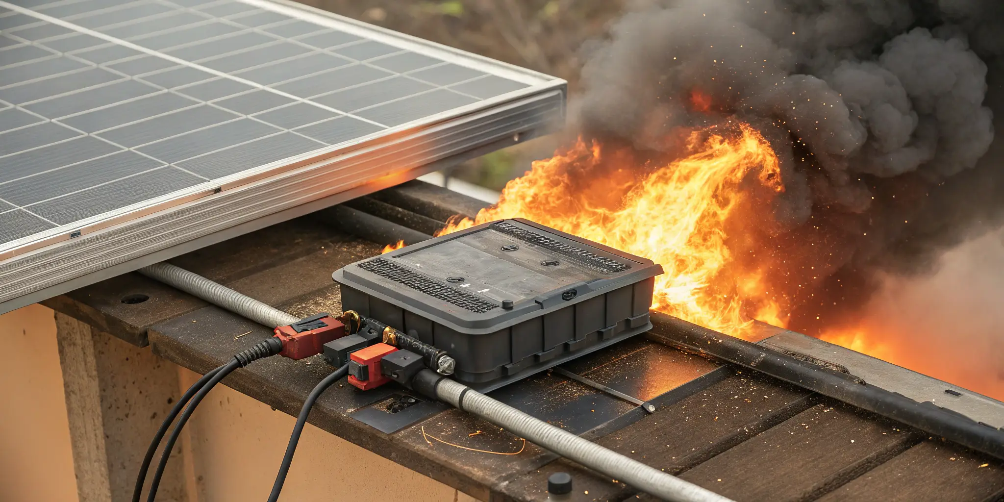 Solar panel junction box on fire from faulty MC4 connector, smoke, intense heat