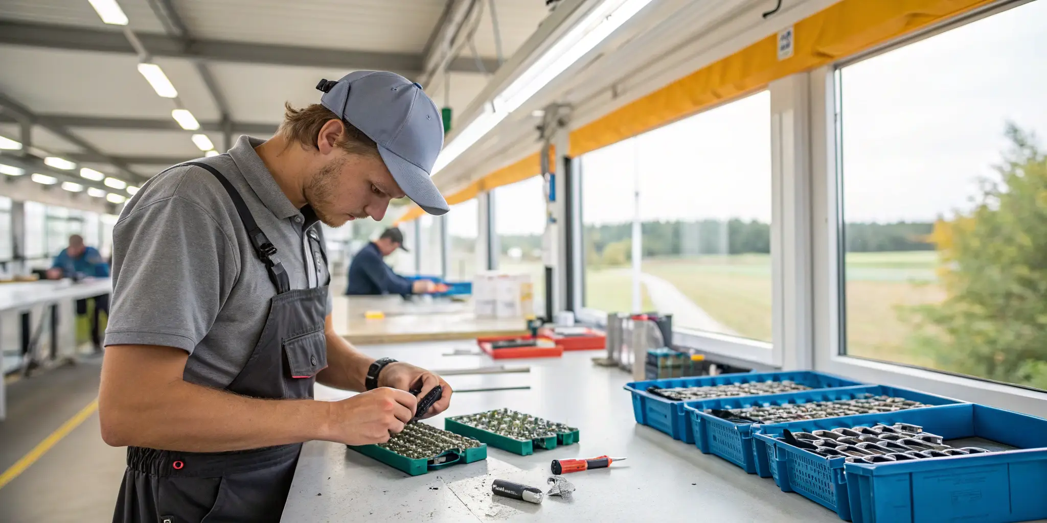 Connector Assembly Process Factory worker assembling MC4 connector with O-shaped pin and technician crimping U-pin outdoors