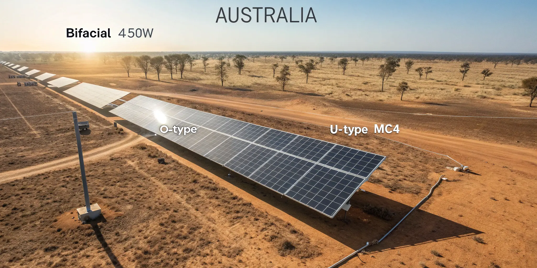 Australian solar array with 450W bifacial panels, labeled O-type vs U-type MC4 connectors