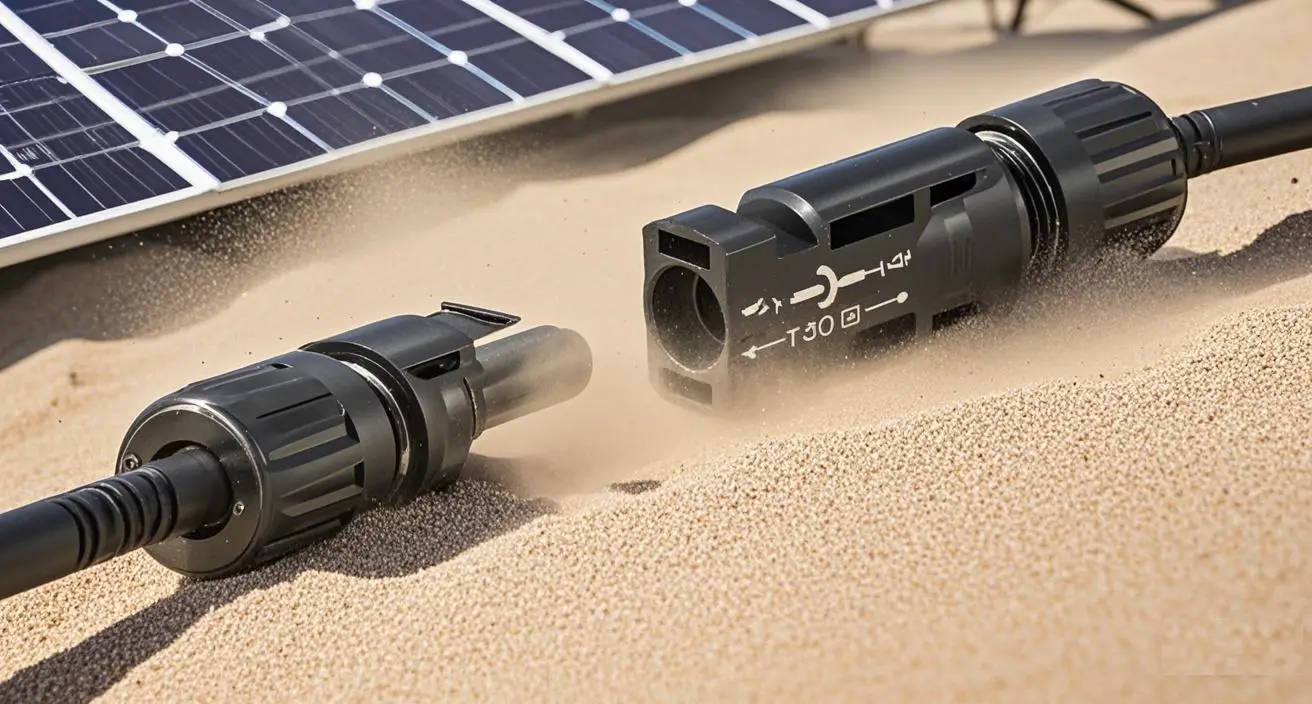MC4 solar connectors in a sandy environment with solar panels, demonstrating dust resistance and outdoor durability