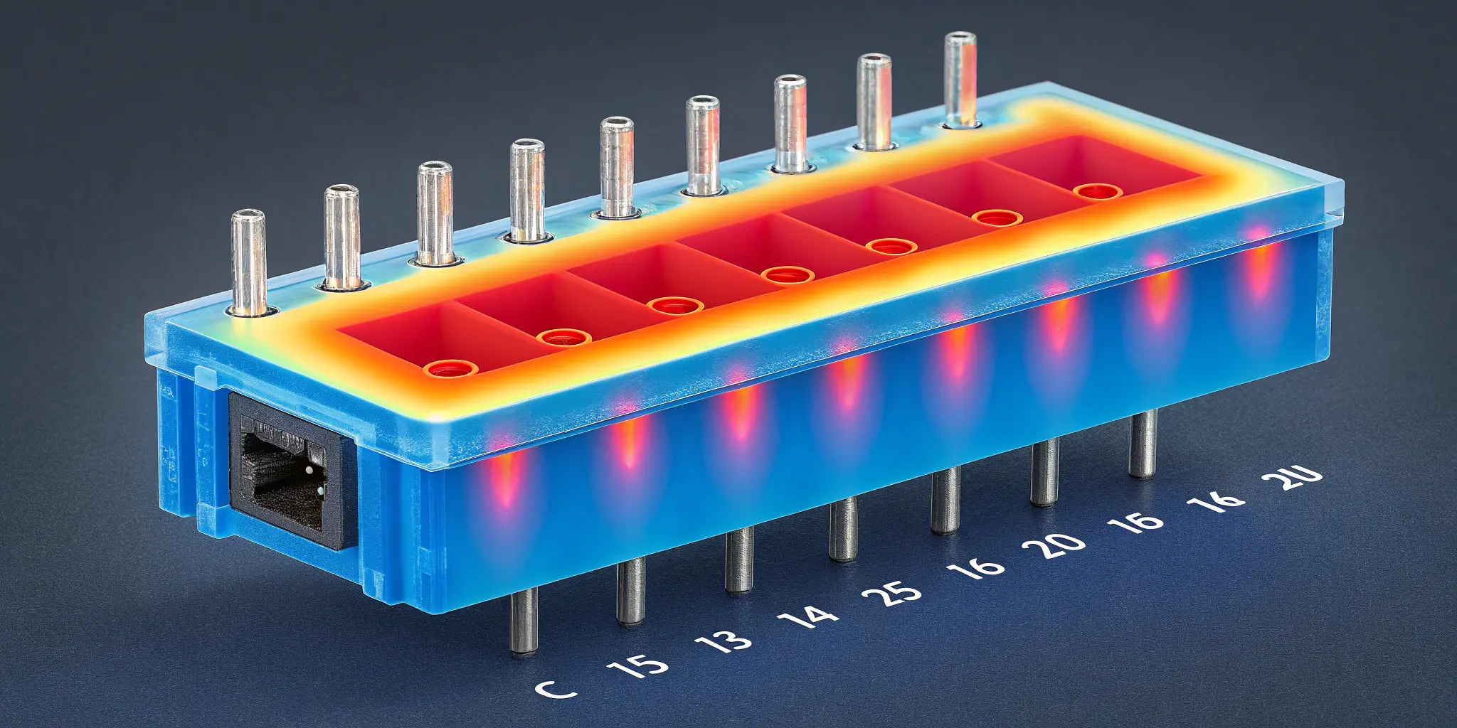 Thermal visualization of solar connector pins, O-pin stable, U-pin showing heat concentration