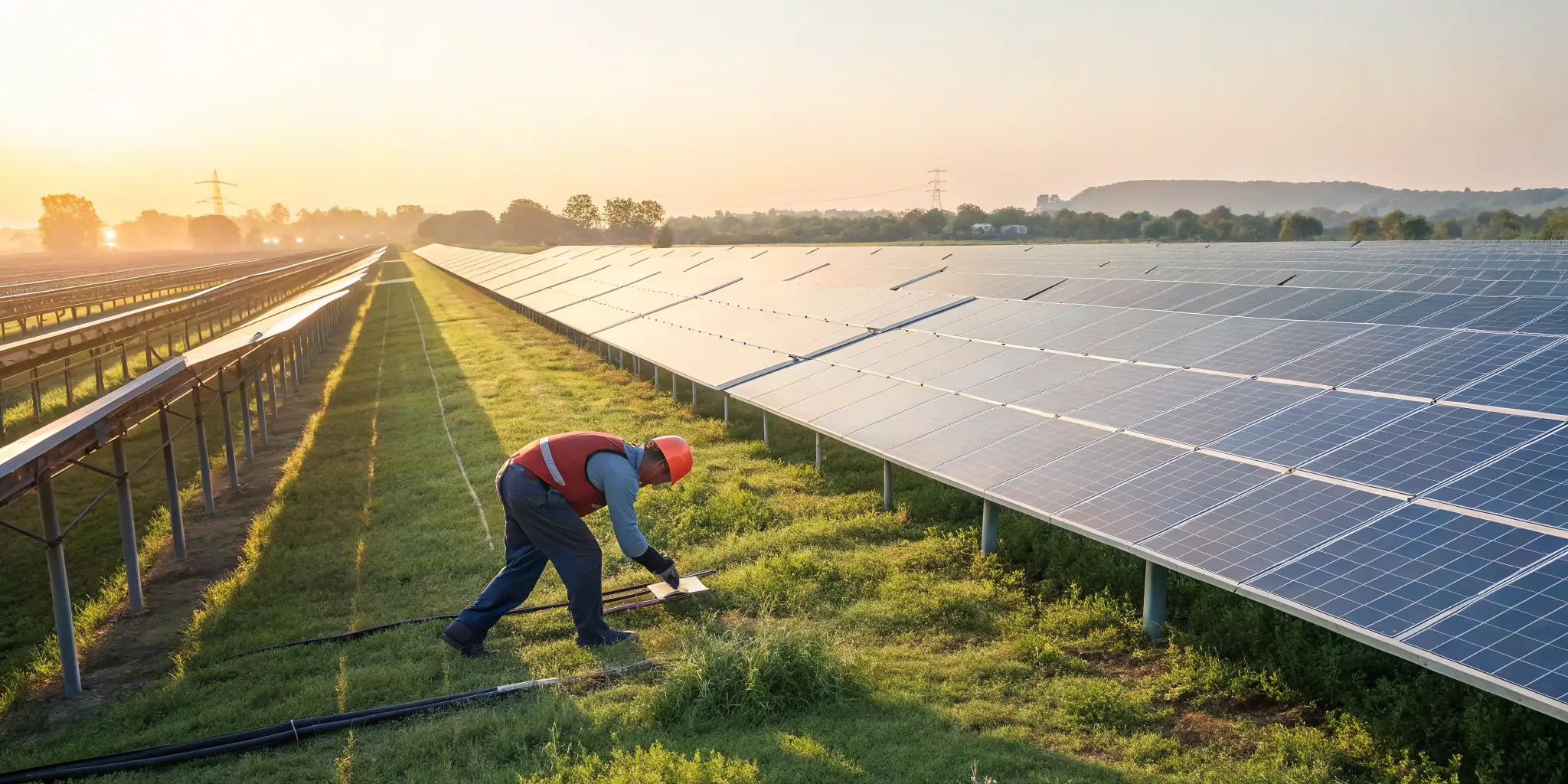 Technician inspecting solar panels in peaceful solar farm, minimal repairs, bright daylight