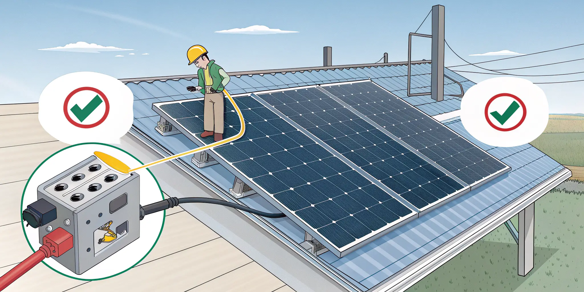 Illustration of solar panel installation with mismatched U and O pin connectors and warning symbol