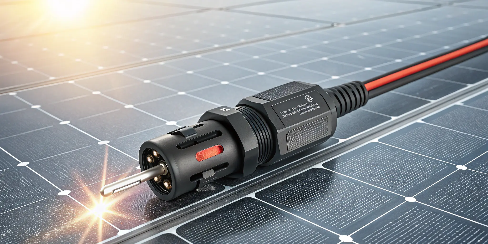Hero shot of MC4 connector with O-shaped pin in glowing high-current solar array setup
