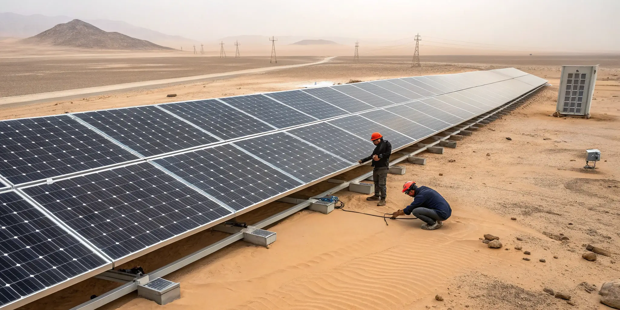 Technicians installing solar panels in a vast desert environment, showcasing renewable energy infrastructure in harsh climates