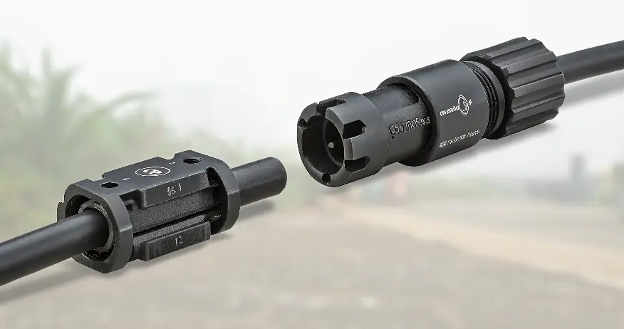 MC4 connector pair in close-up view against a foggy outdoor background, highlighting certification and robust locking mechanism