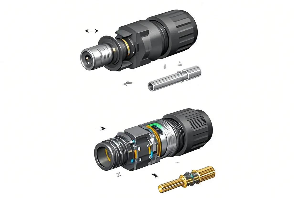 Cross-section of advanced MC4 connector with gold-plated contact