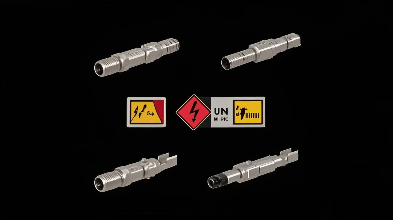 Different types of MC4 contact pins with electrical warning signs
