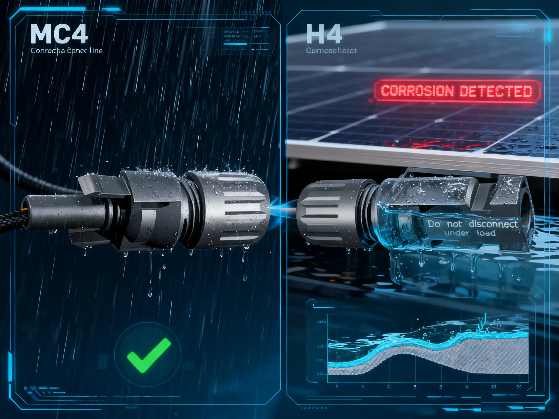 MC4 vs H4 solar connector comparison in rain showing corrosion detection and waterproof performance