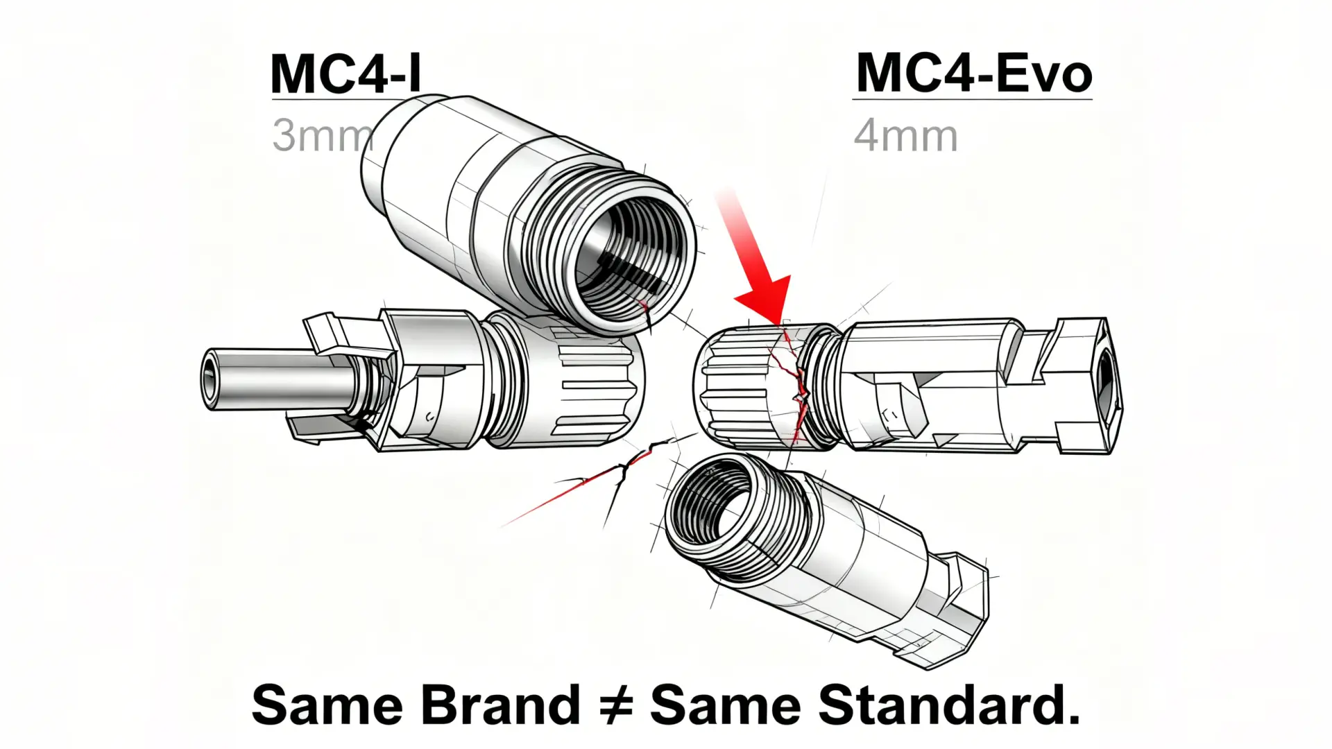 MC4-I and MC4-Evo connectors incompatibility illustration, same brand but different standards