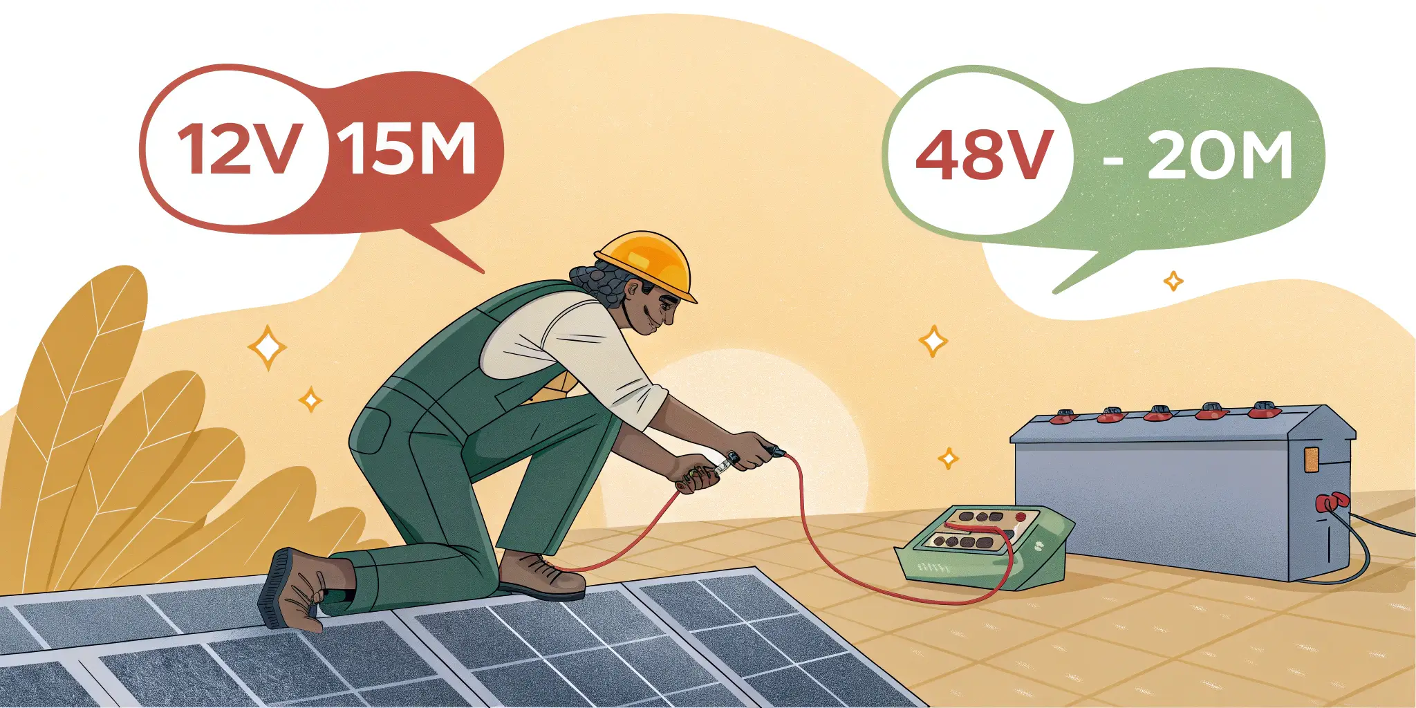 cable distance guide Solar technician measuring cable runs with max distance recommendations