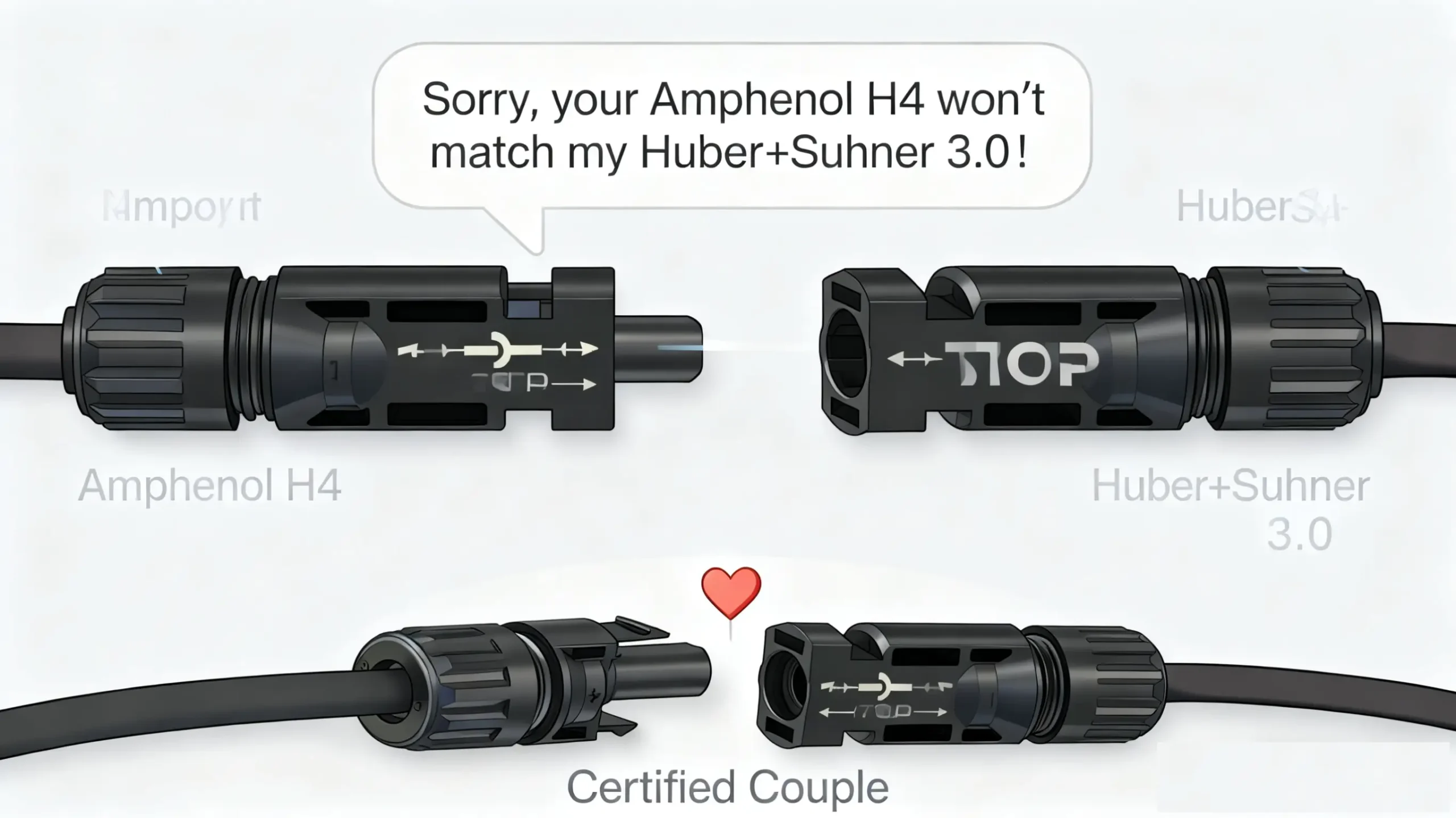 Funny cartoon showing Amphenol H4 and Huber+Suhner 3.0 connectors refusing to mate