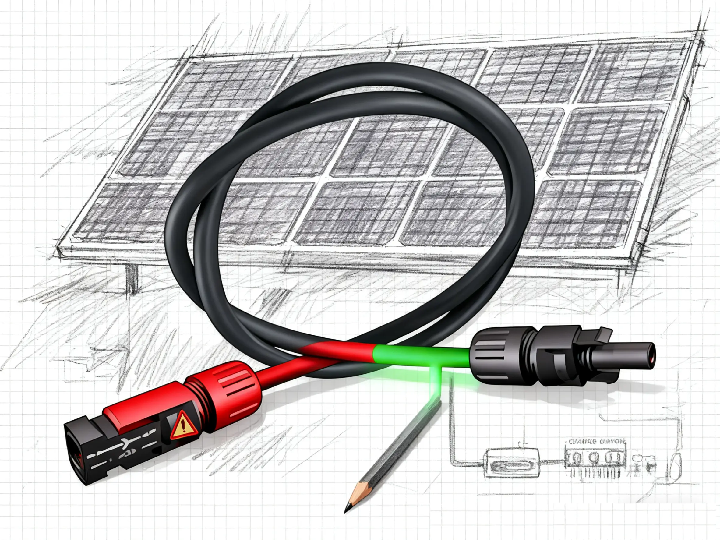 MC4 solar cable illustration with red and black wires over hand-drawn solar panel sketch