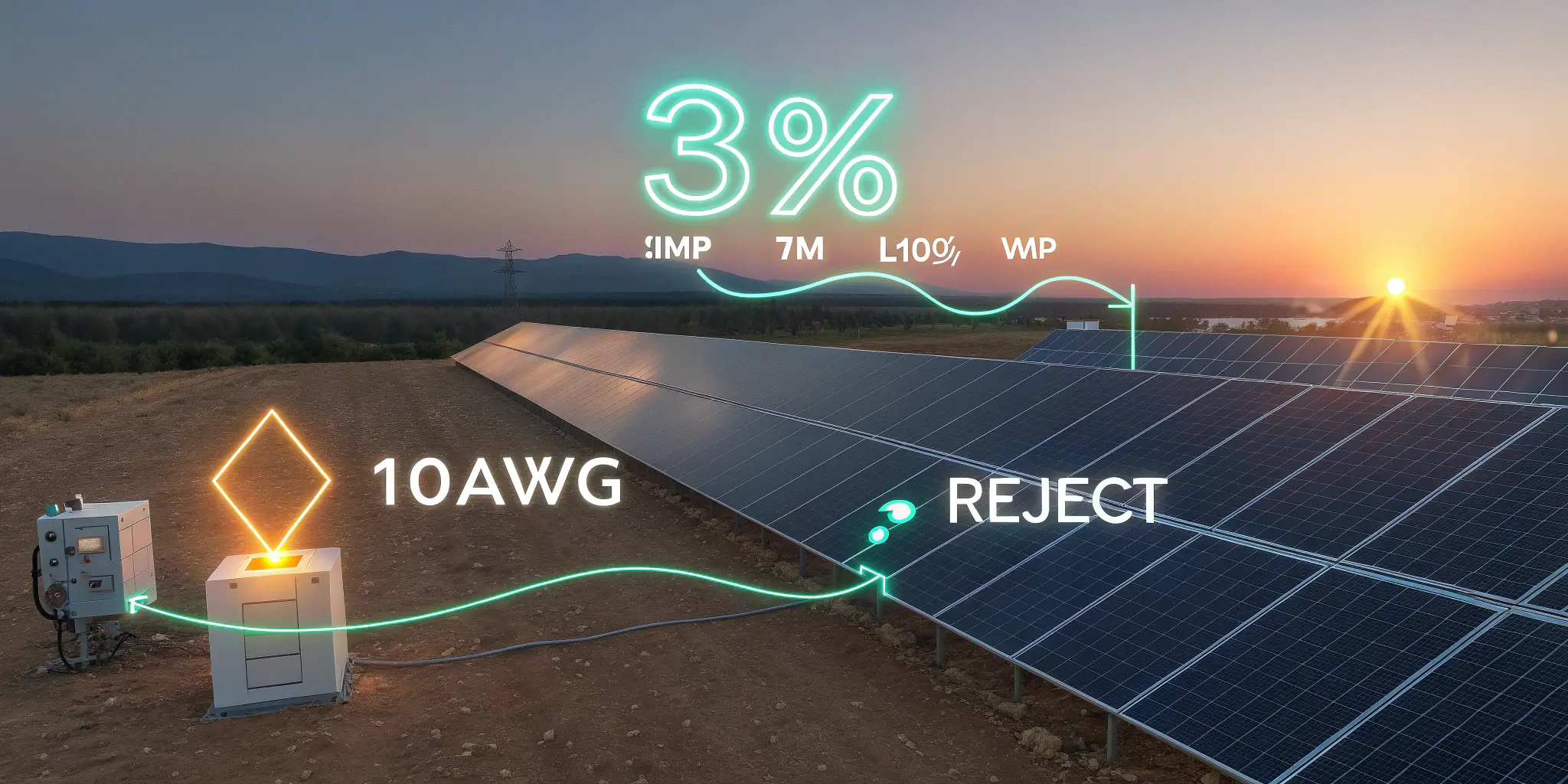 Solar farm voltage drop and wire size diagram with 10AWG cable and 3% loss