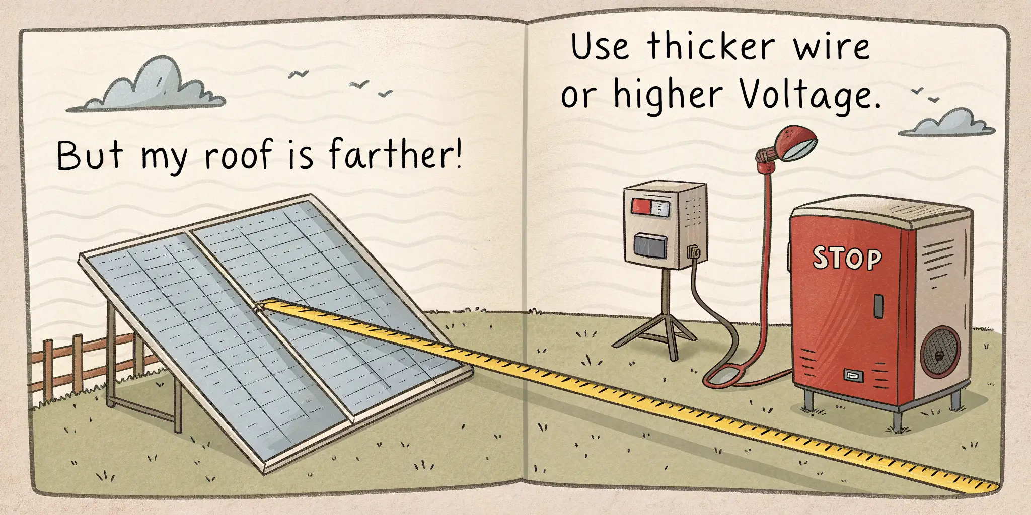 Cartoon solar panel measuring long distance to inverter, showing tip to use thicker wire or higher voltage