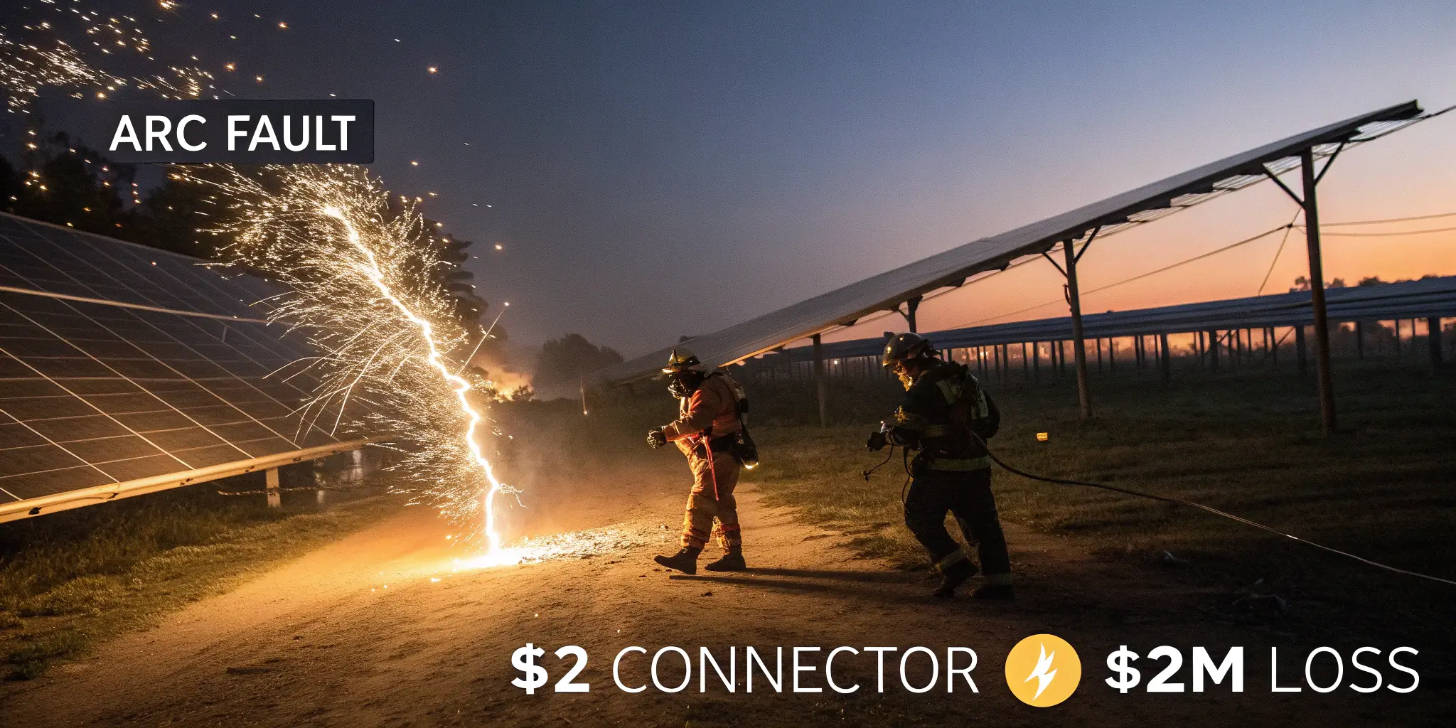 Solar farm arc fault caused by faulty connector, firefighters responding at night